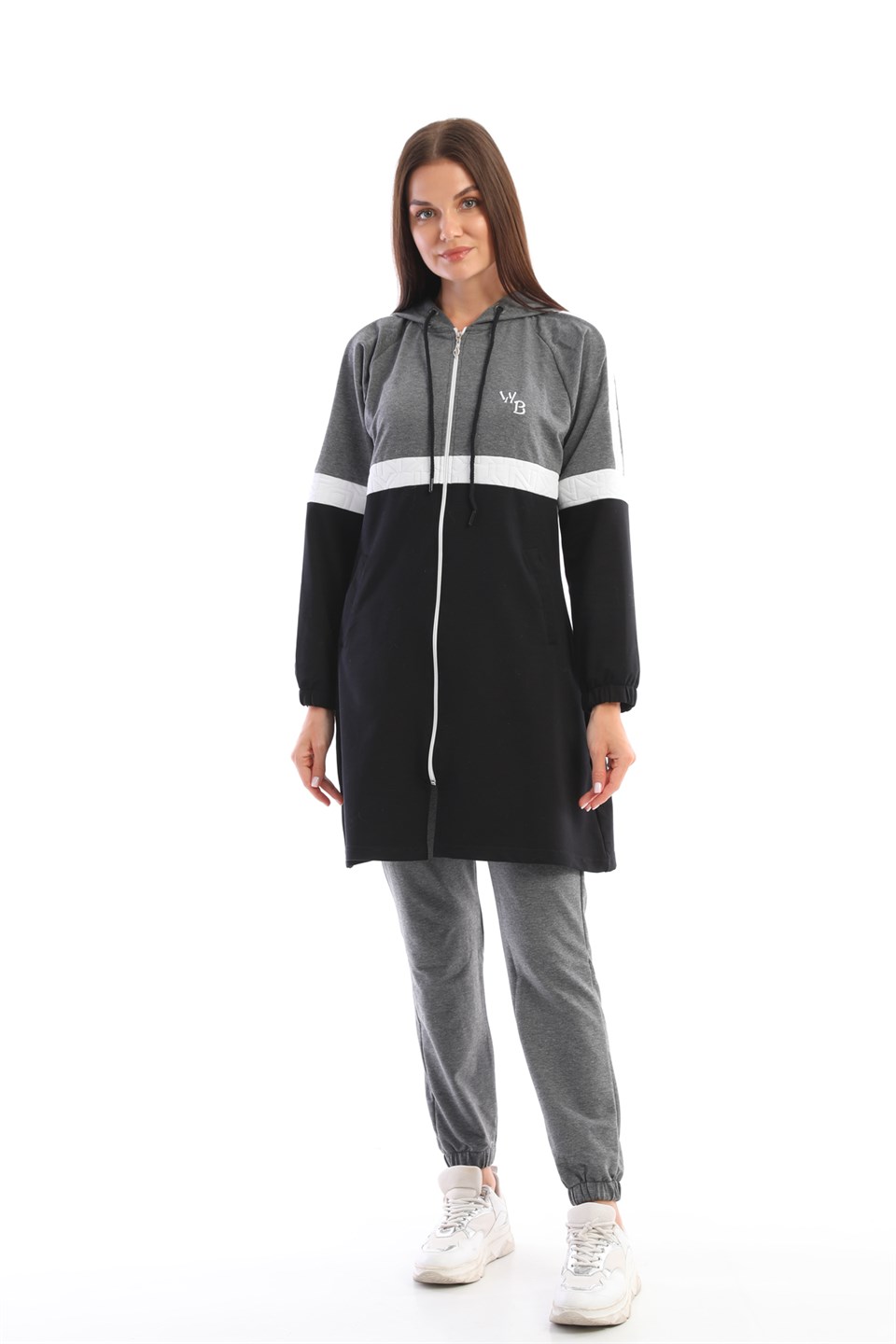611-1-s - Gri Siyah Tesettür Kap Jogger Spor Takım 3 Renk Kapüşonlu -westbound