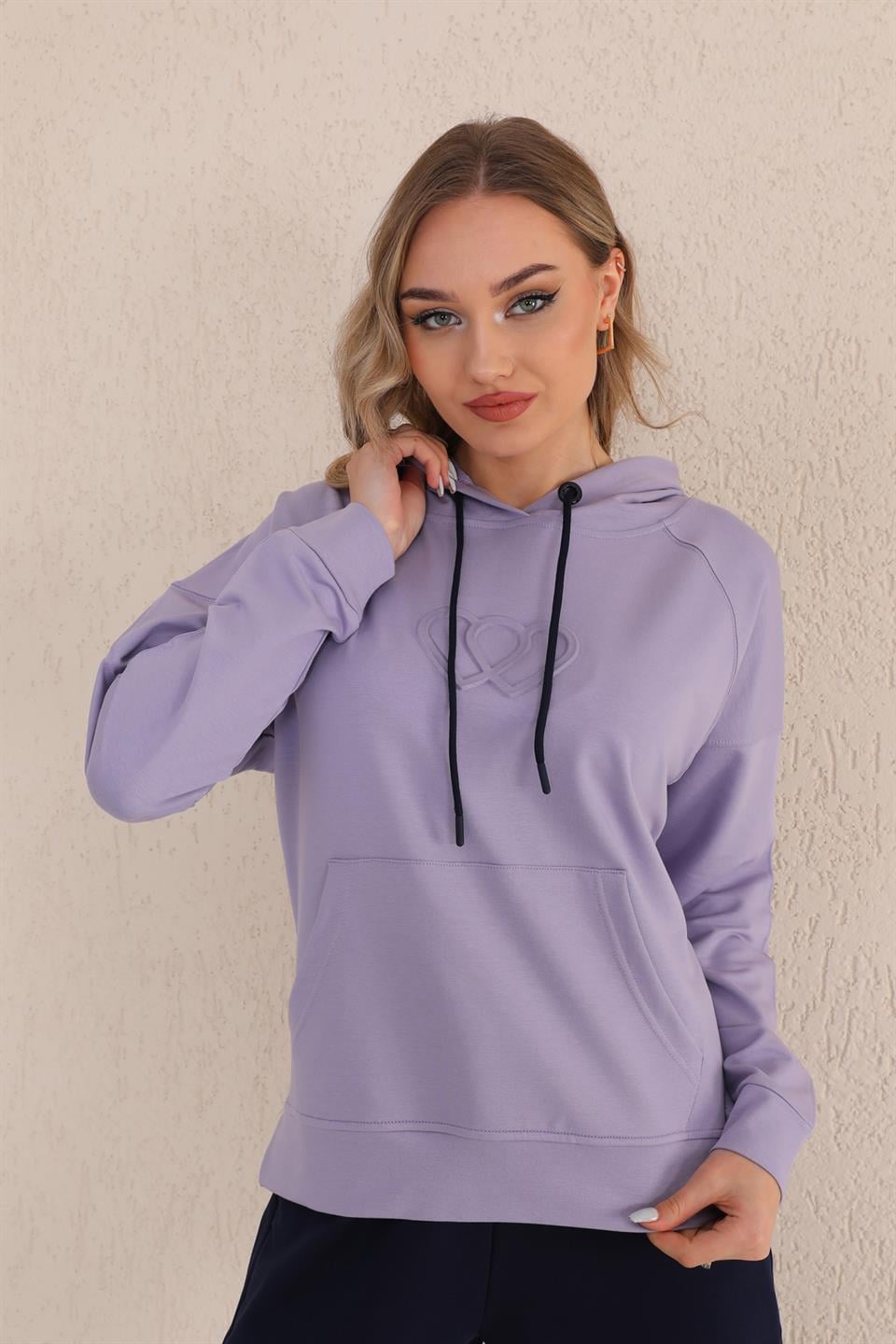 SS-1006-2 - Kabartma Kalp Desenli Günlük  Sweat Jogger Kadın Spor Takım Lila -westbound