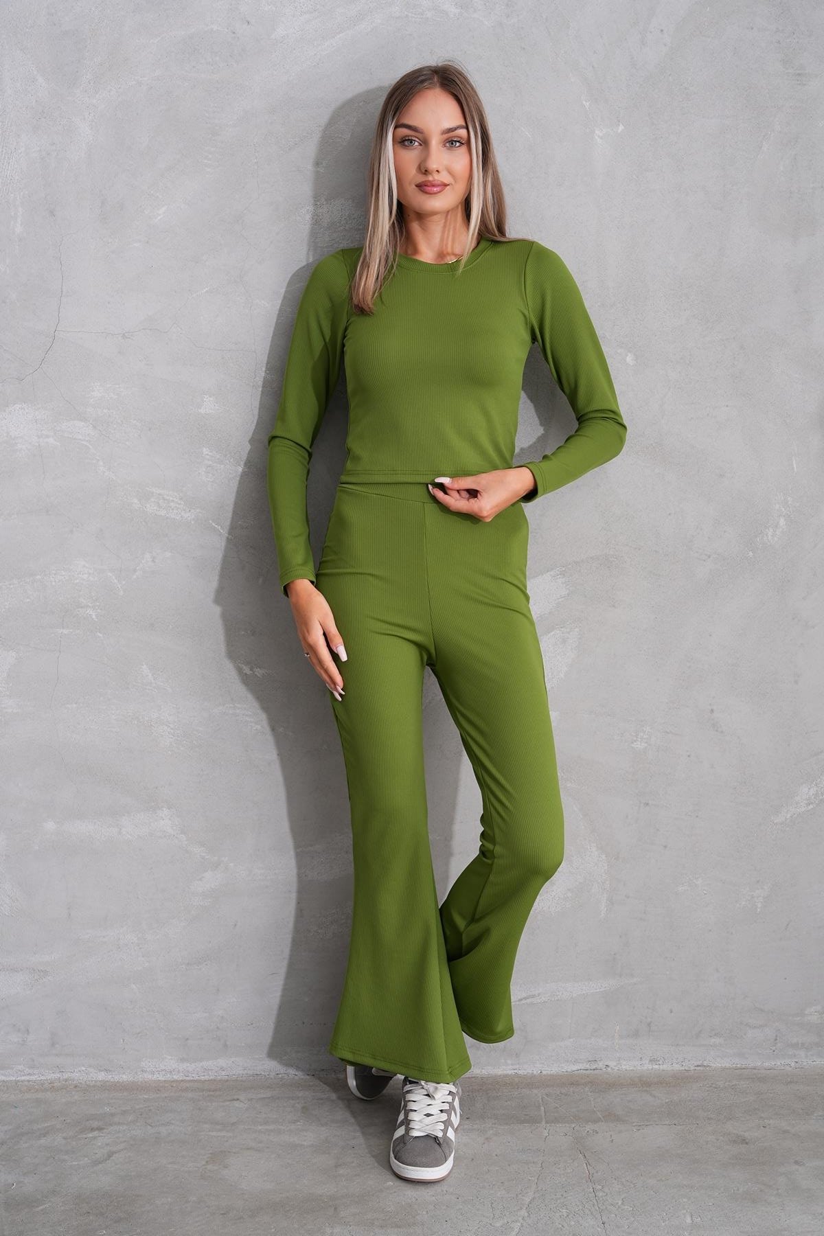 693 - Kadın Fitilli İspanyol Paça Tayt Body İkili Palazzo Takım YEŞİL -westbound