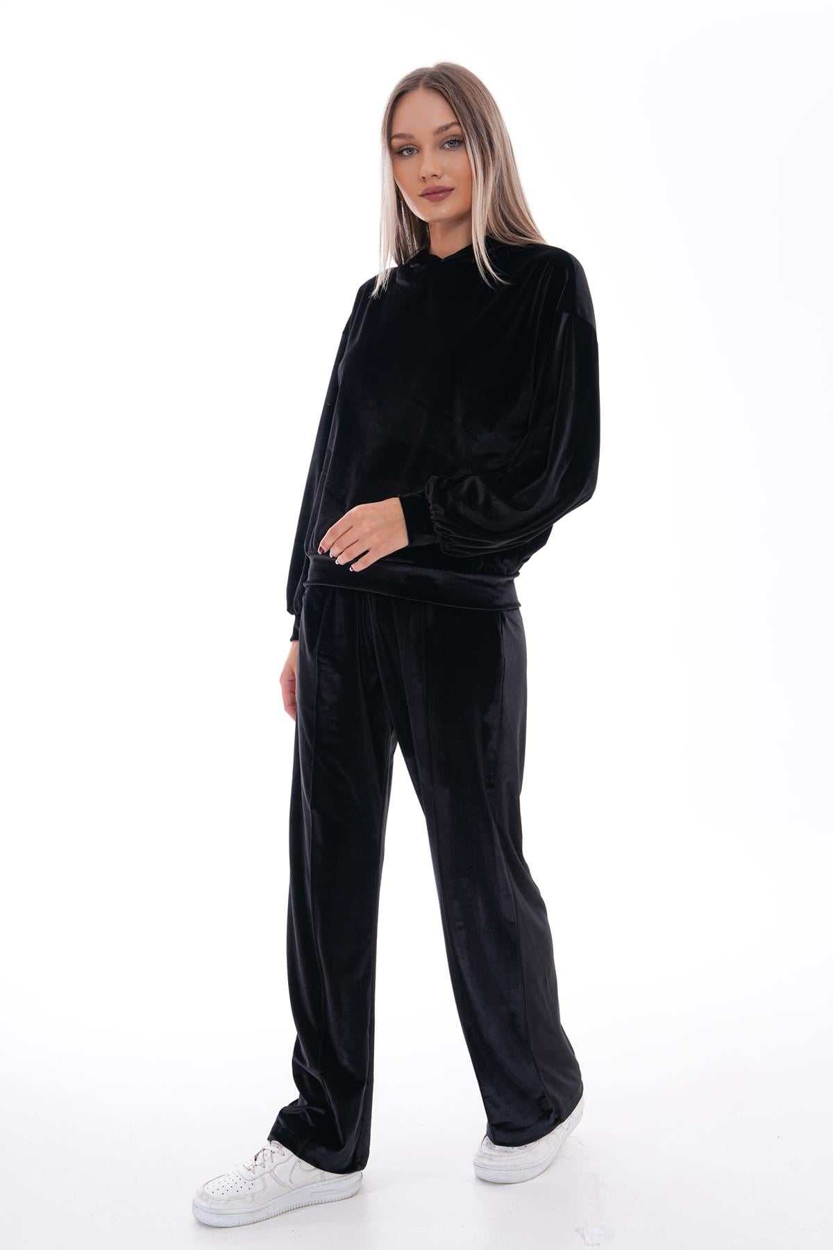 703 - Kadın Salaş Kadife Eşofman Takımı SİYAH -westbound