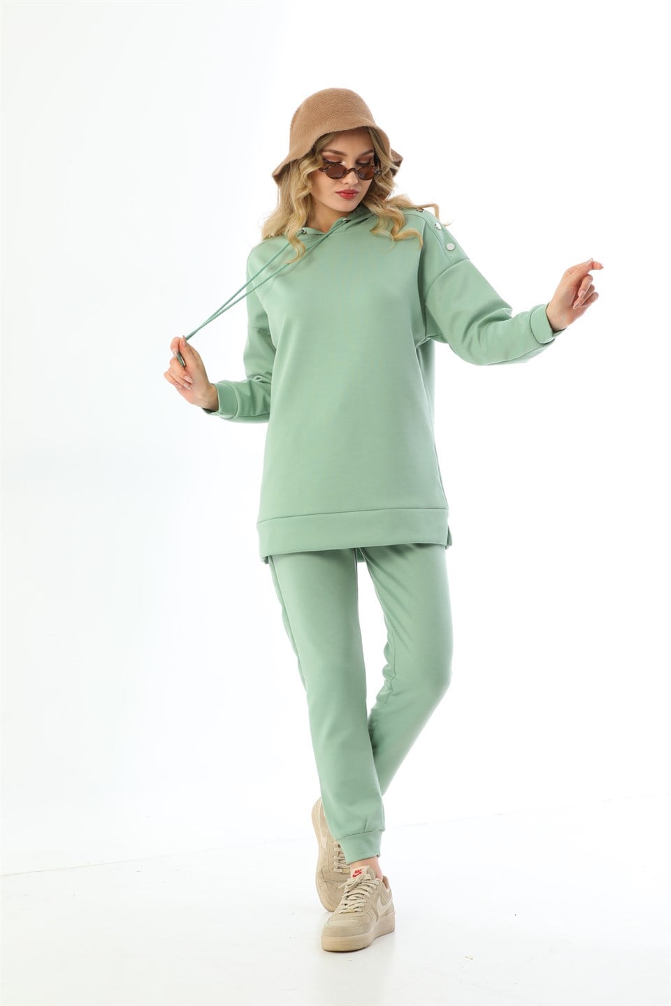 632 - Mint Çıtçıt Detaylı Kapüşonlu Günlük Giyim Kadın Spor Takım -westbound