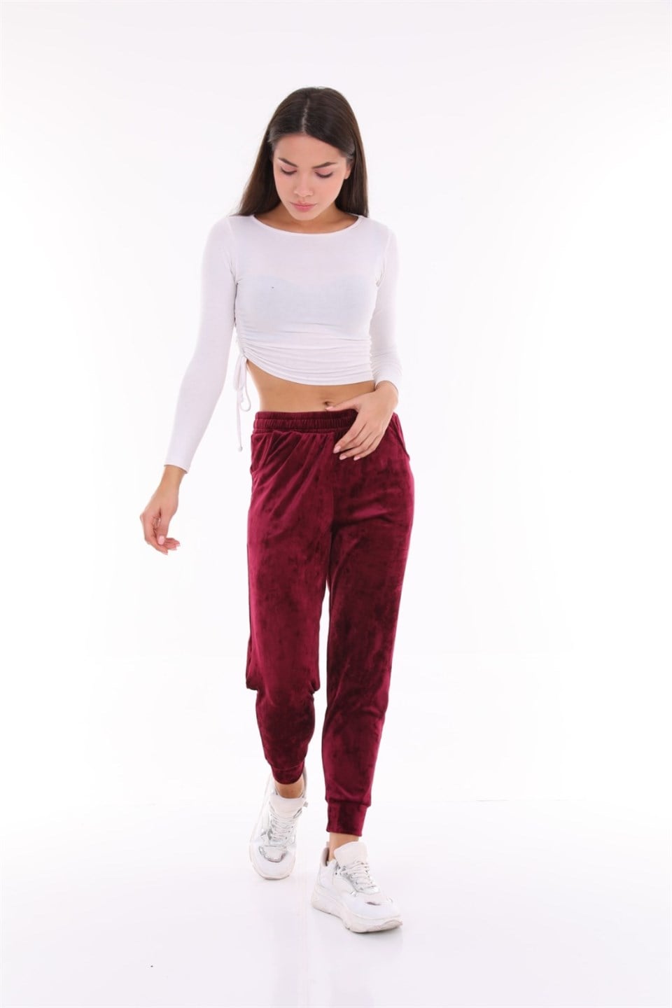 177-3-M - Mürdüm Renk Kadife Eşofman Altı - Pijama - Jogger Model -westbound