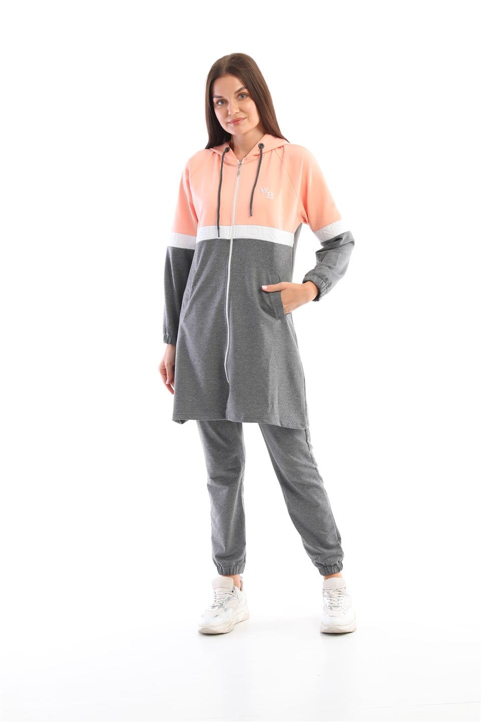 611-5-xxl - Pudra Gri Tesettür Kap Jogger Spor Takım 3 Renk Kapüşonlu -westbound