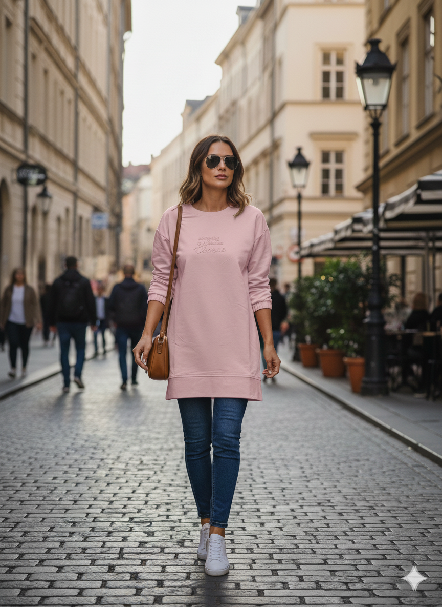 716 - Pudra Kabartma Baskılı Bisiklet Yaka Uzun Kol Kadın Sweatshirt Tunik 716 -westbound