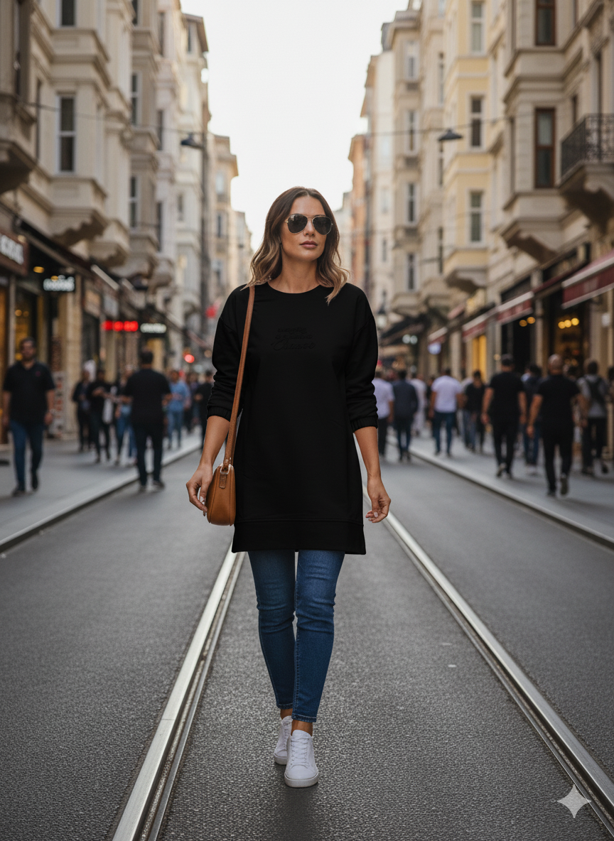 716 - Siyah Kabartma Baskılı Bisiklet Yaka Uzun Kol Kadın Sweatshirt Tunik 716 -westbound