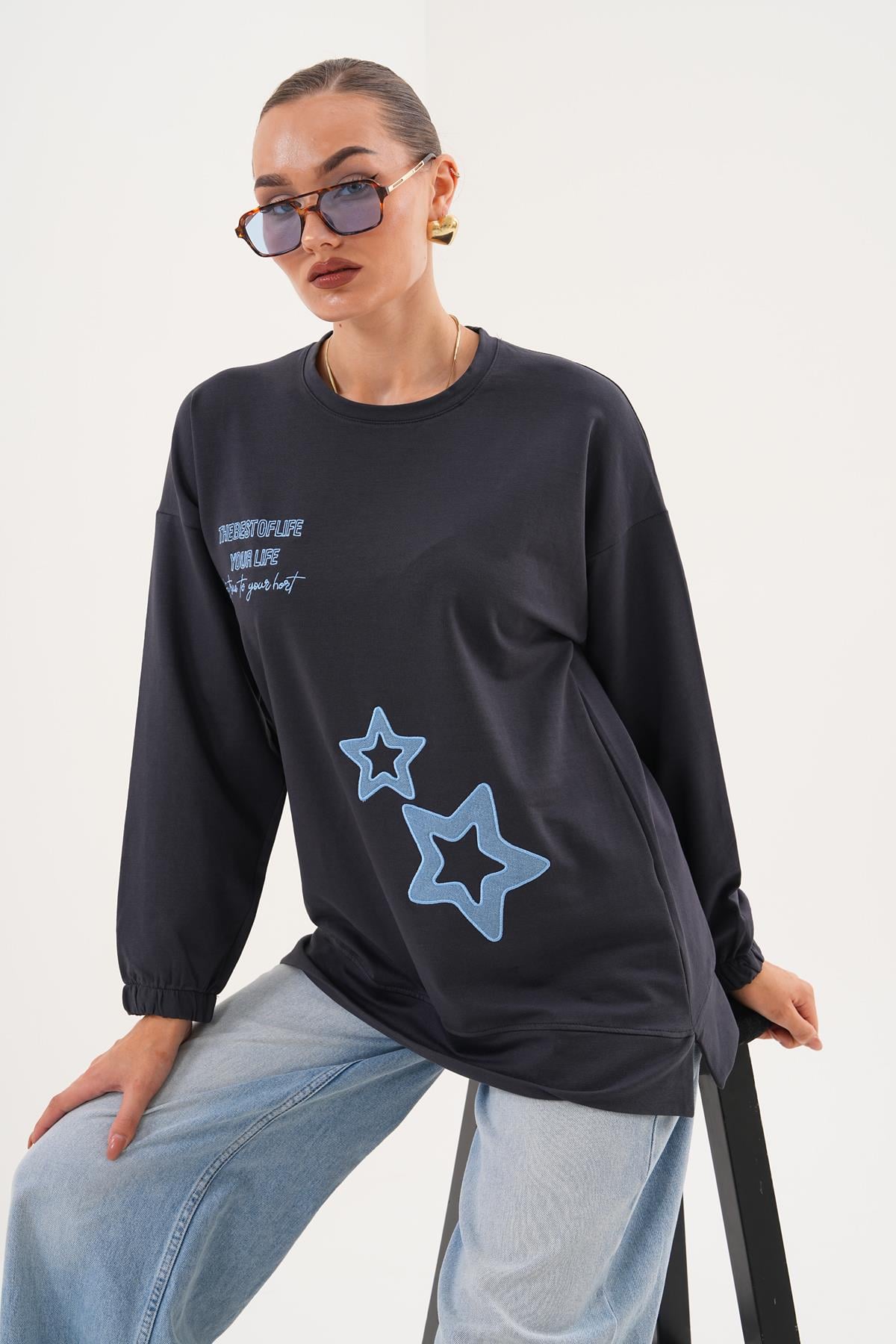 711 - Siyah Yıldız Desenli Bisiklet Yaka Kadın Sweatshirt Tunik 711 -westbound