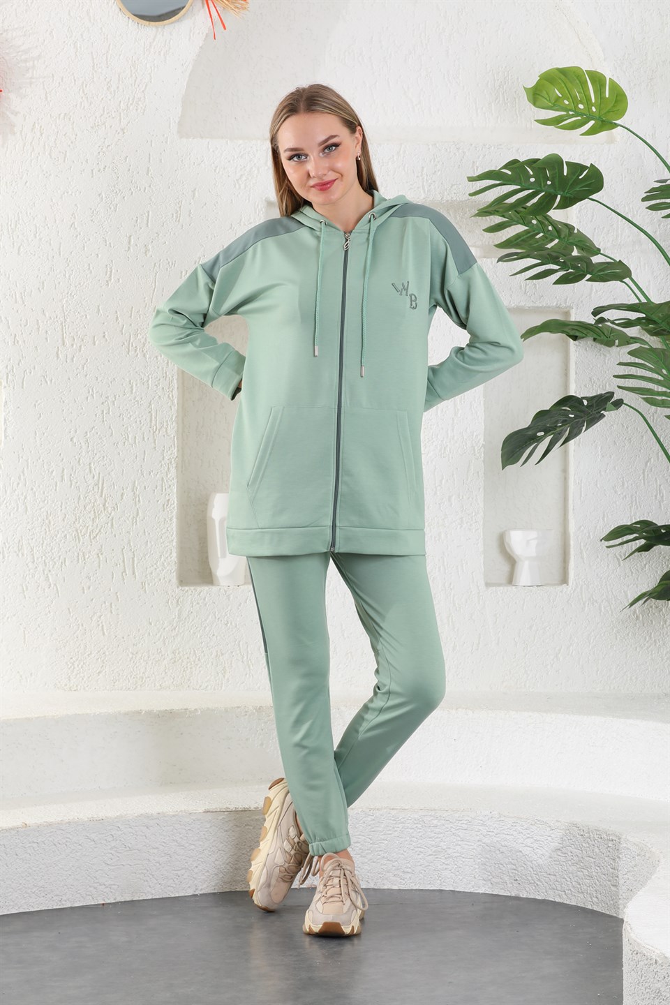 614-wb-mint-l - Su Yeşili Kadın Sweatshirt Jogger Takımı  Kapşonlu Fermuarlı Cepli -westbound
