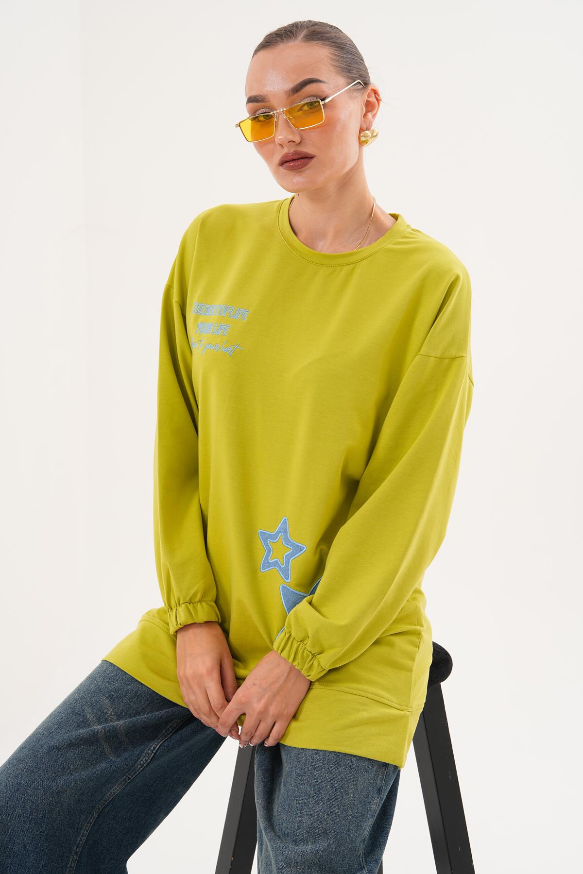 711 - Yeşil Yıldız Desenli Bisiklet Yaka Kadın Sweatshirt Tunik 711 -westbound