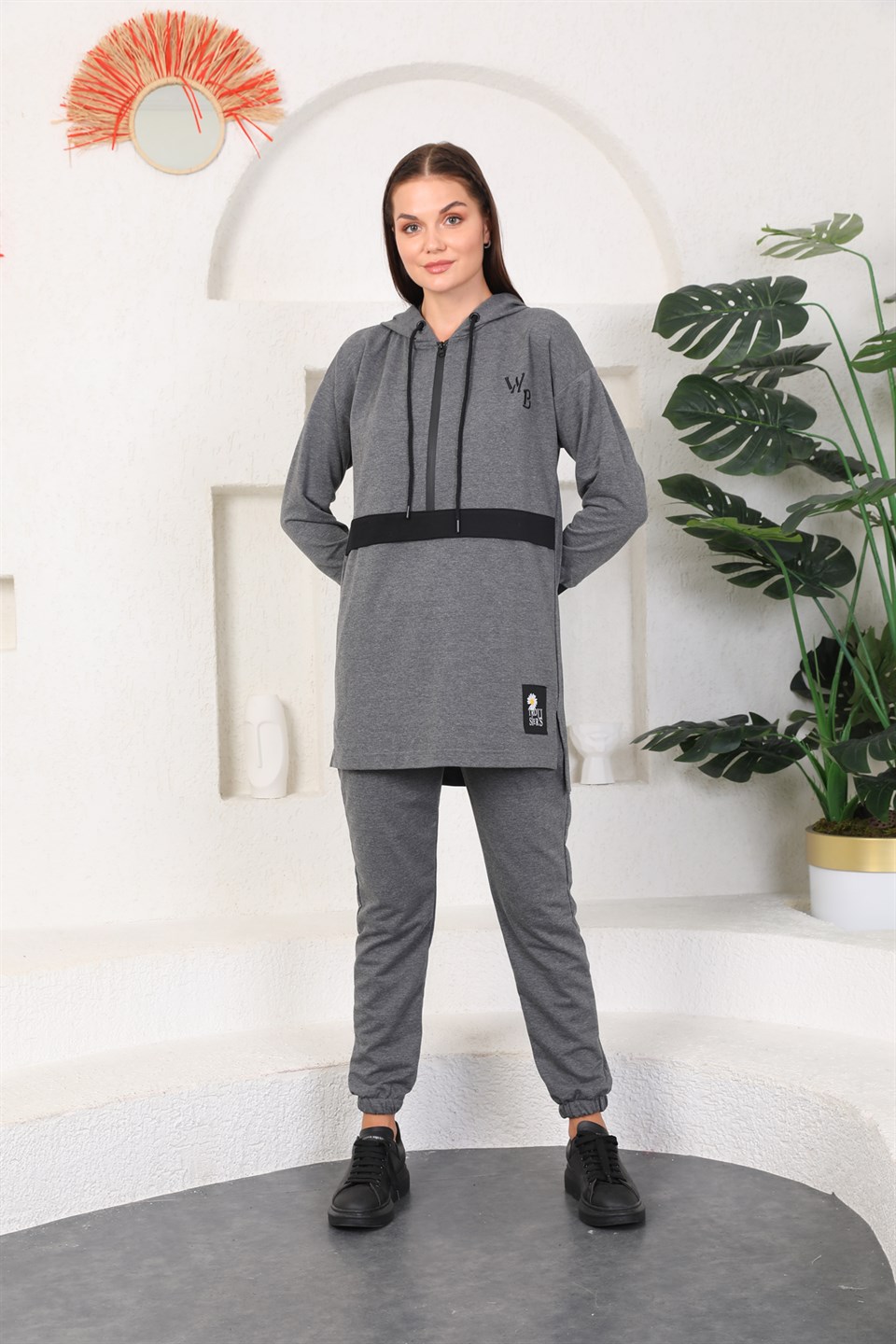 610--1-l - Antresit Gri Kadın Kapüşonlu Sweatshirt - Jogger  Spor Takım Eşofman -westbound