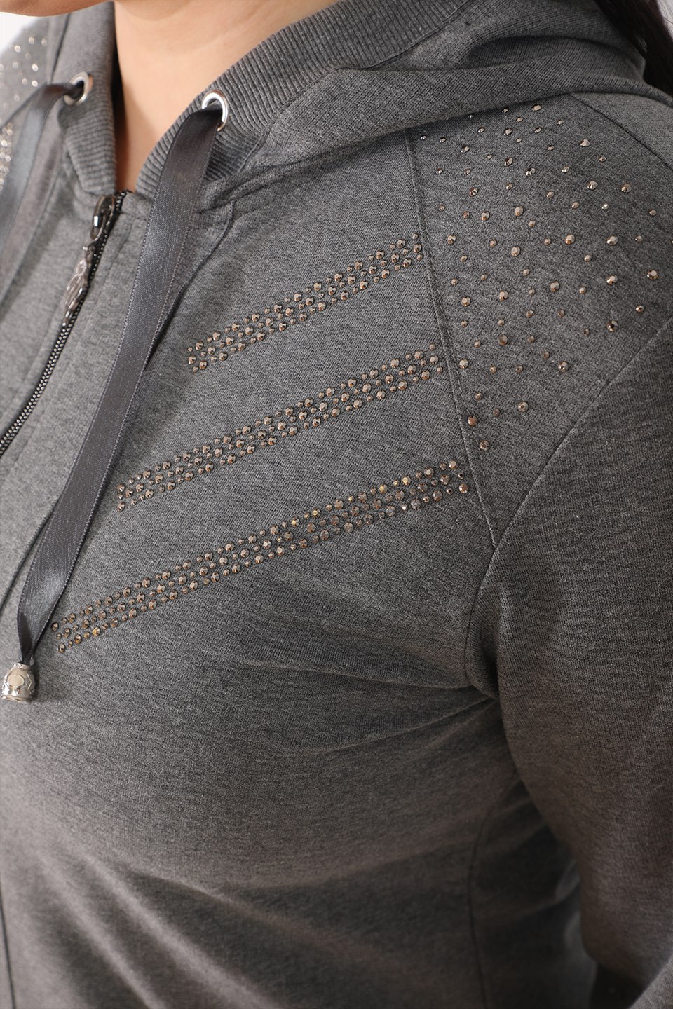 0214054 - Bayan Battal Süper İki İplik Taş Detaylı Kapüşonlu Eşofman Takım -westbound