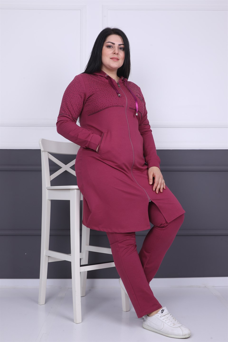 5109803508 - Bayan Battal Taş Detaylı Kapüşonlu Fermuarlı Tesettür Eşofman Takım -westbound