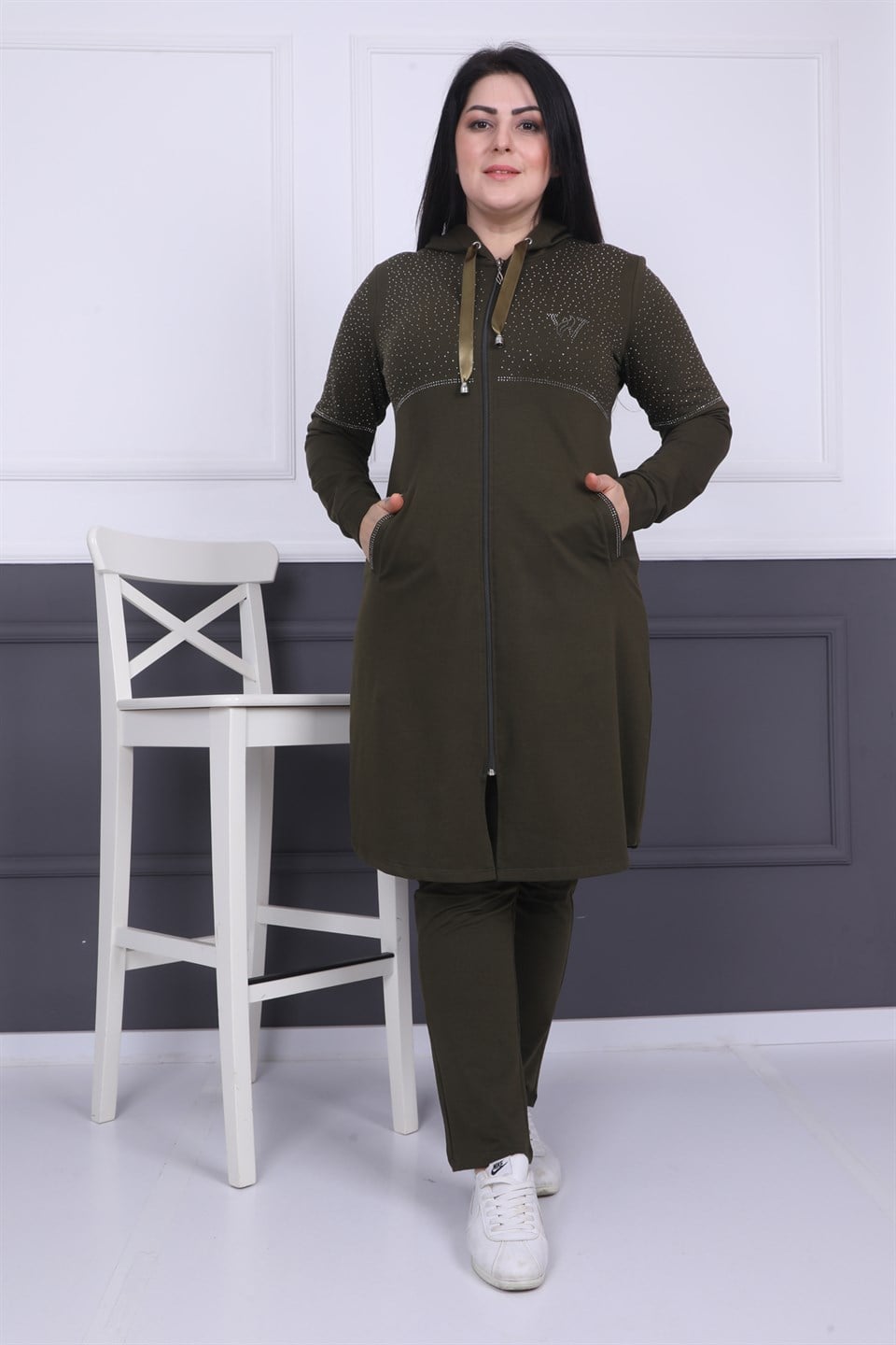 498031208 - Bayan Battal Taş Detaylı Kapüşonlu Fermuarlı Tesettür Eşofman Takım -westbound