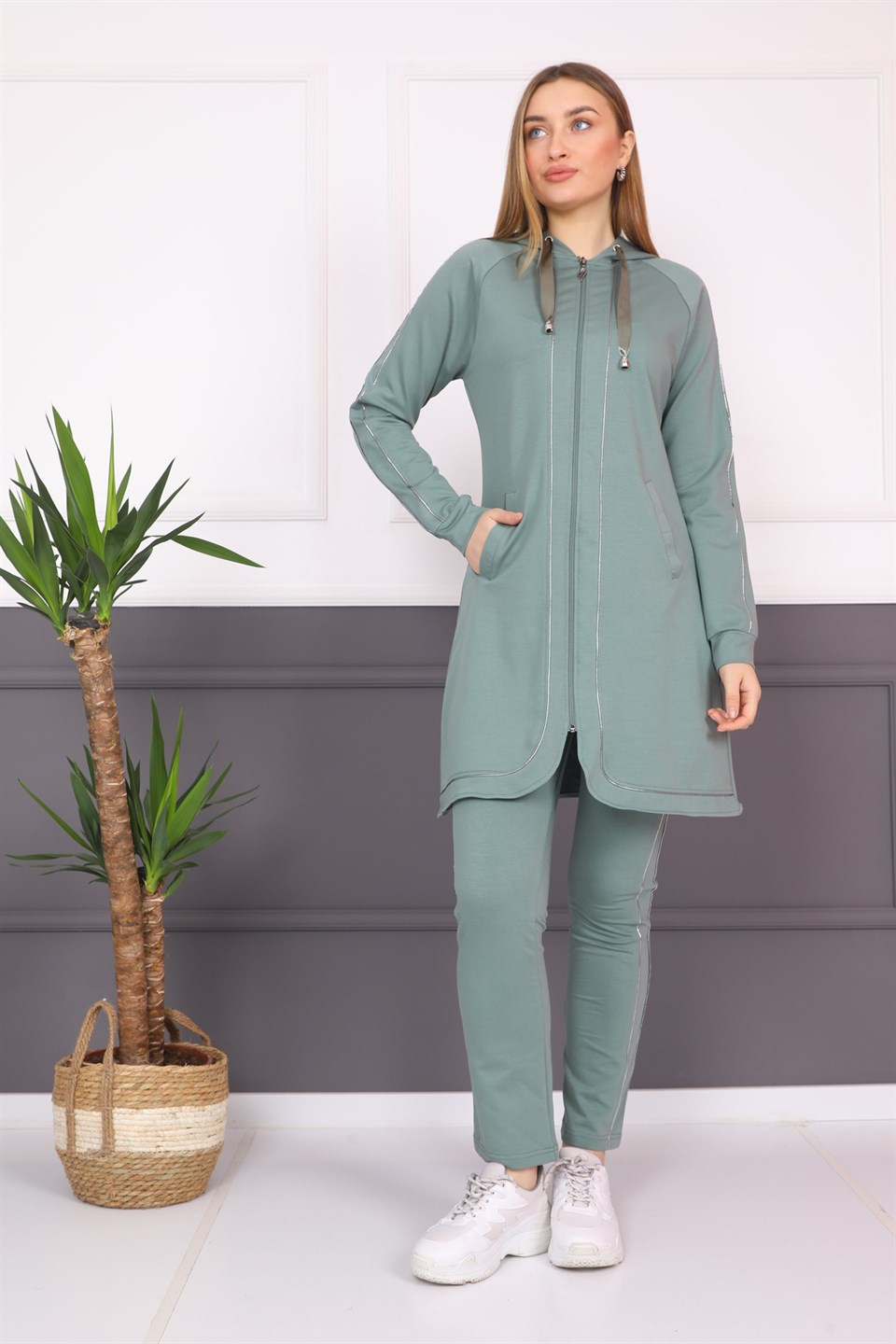 5120862304 - Bayan Biyeli Fermuarlı Kapüşonlu Tesettür Eşofman Takımı -westbound