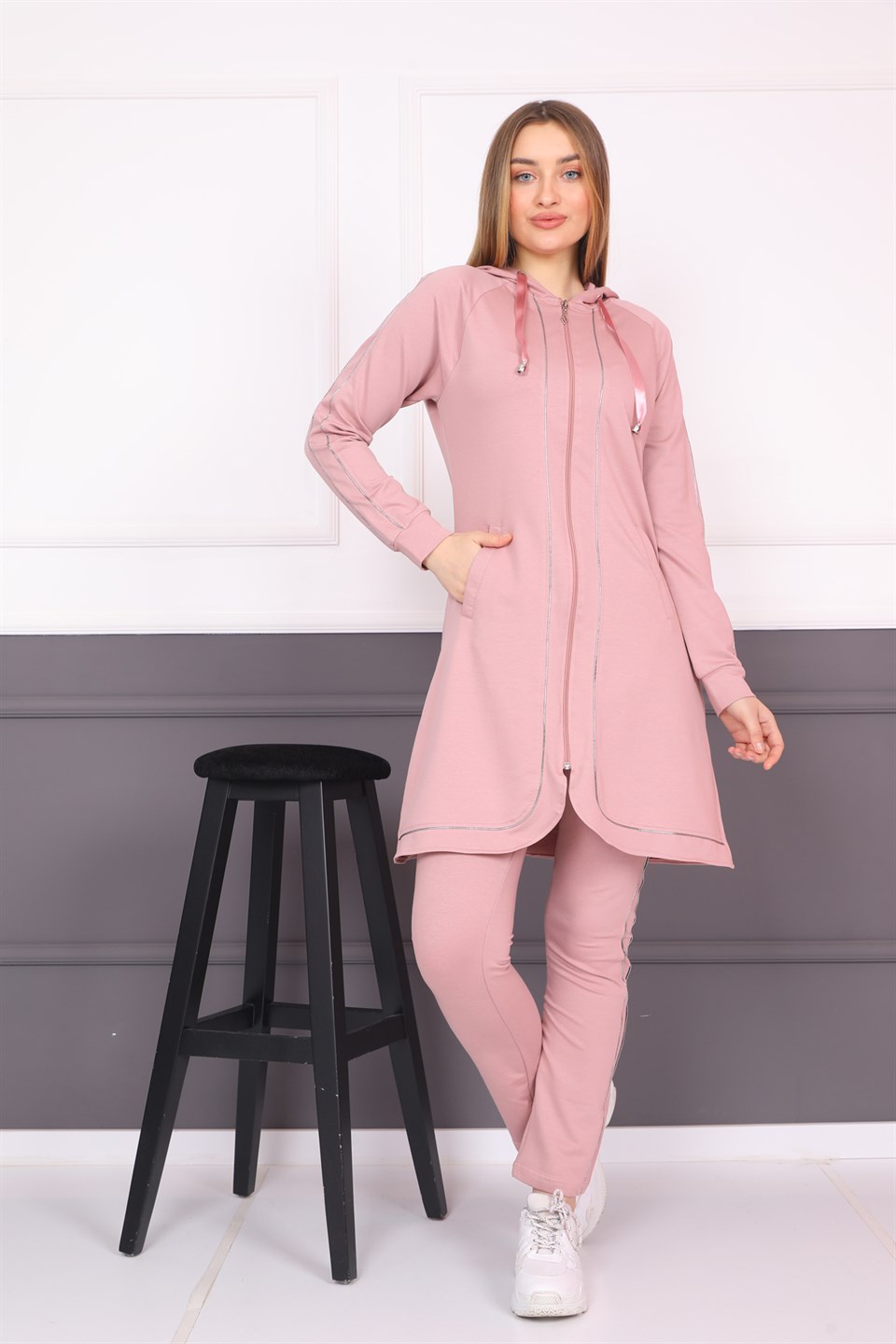 560198079 - Bayan Biyeli Fermuarlı Kapüşonlu Tesettür Eşofman Takımı -westbound