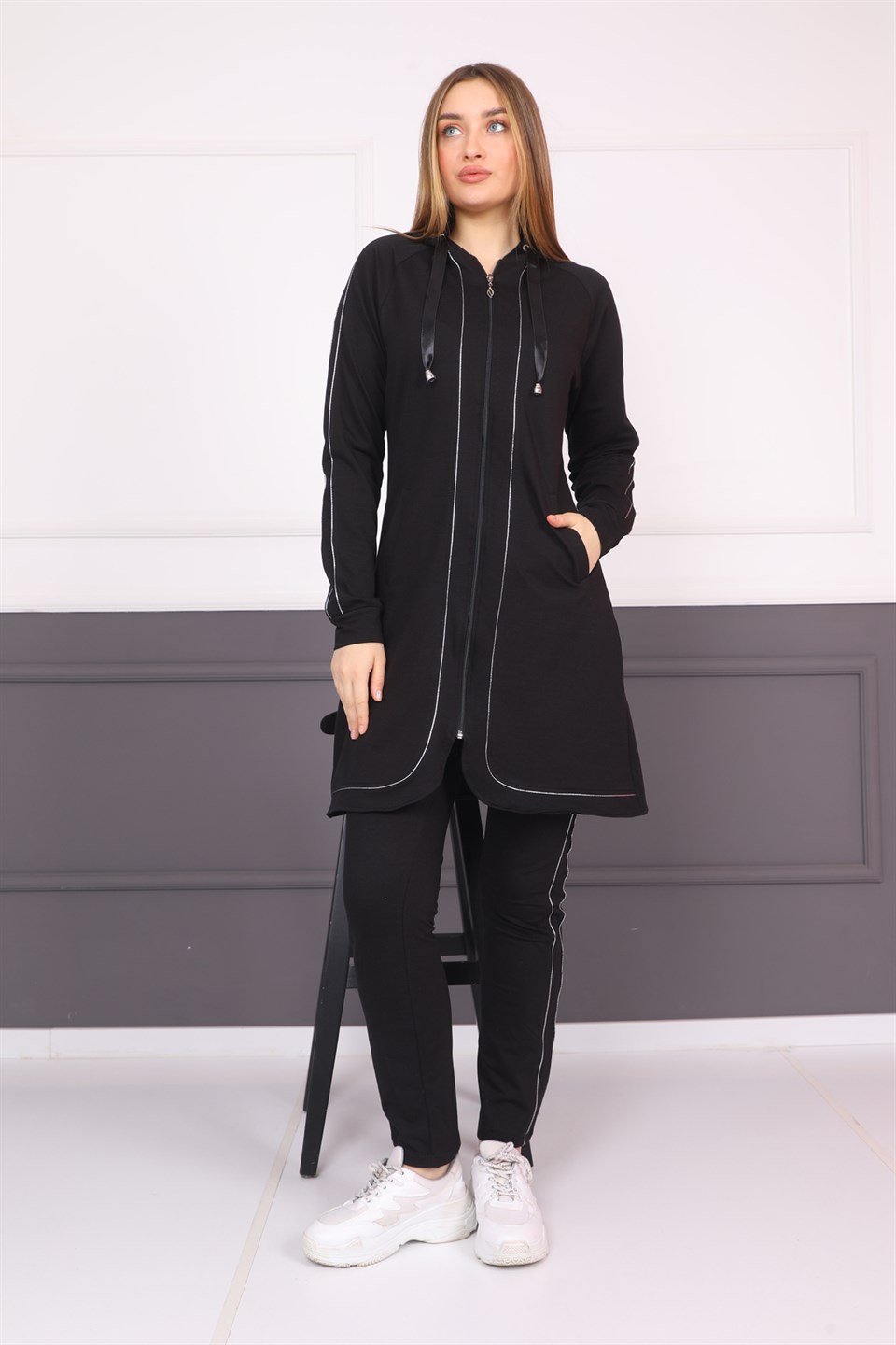 3029086020 - Bayan Biyeli Fermuarlı Kapüşonlu Tesettür Eşofman Takımı -westbound