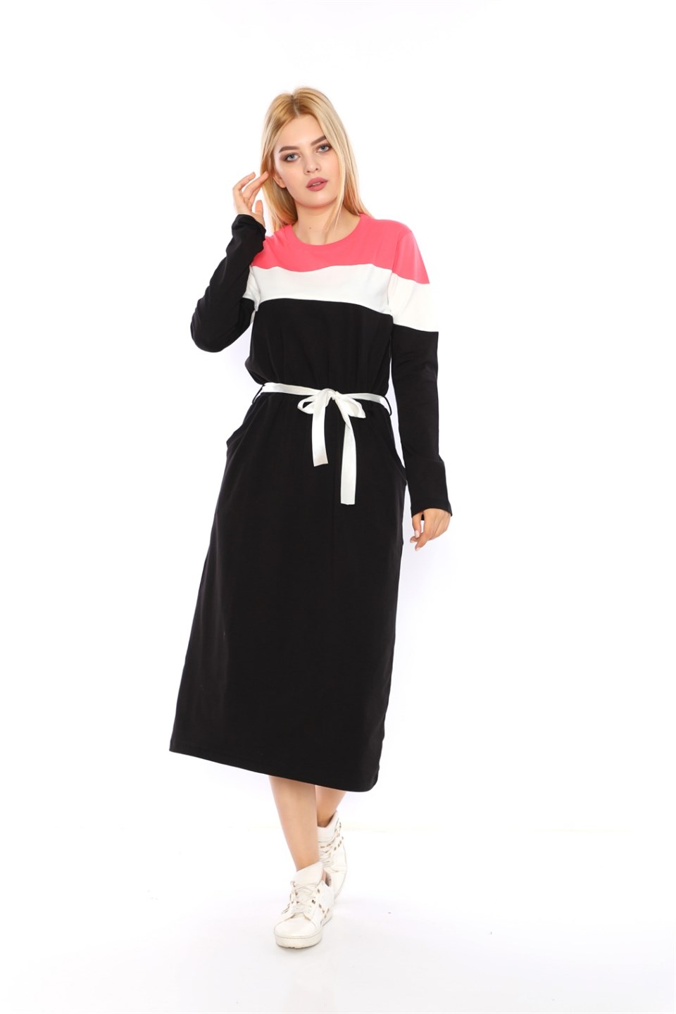 190320844 - Bayan Garnili Cepli Kuşaklı Bisiklet Yaka Elbise -westbound