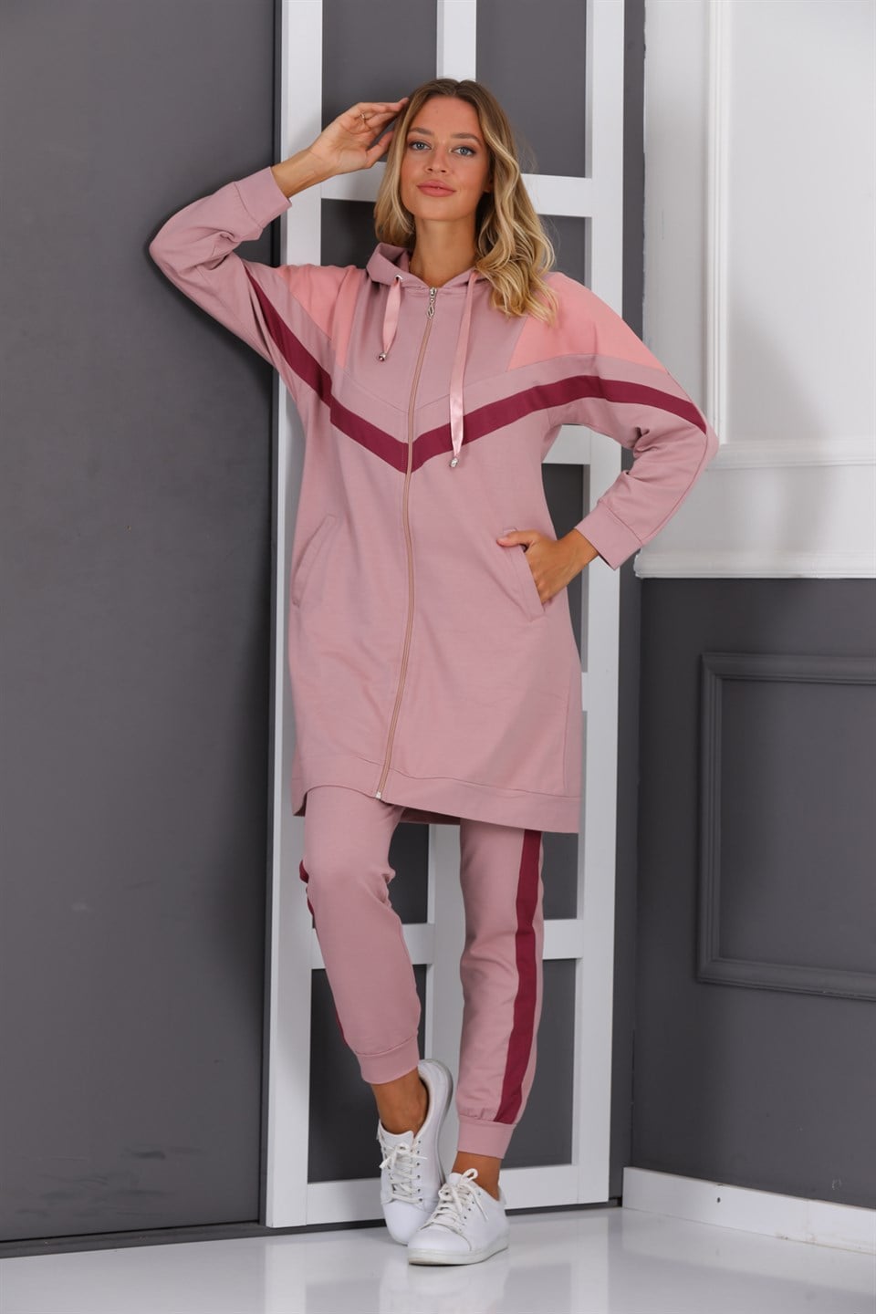 4230128929 - Bayan Garnili Fermuarlı Kapüşonlu Tesettür Eşofman Takımı -westbound