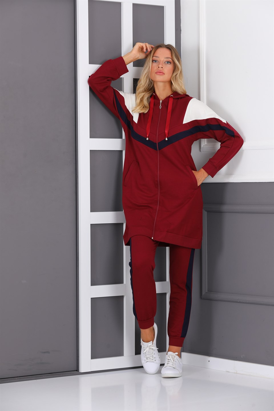 0360471325 - Bayan Garnili Fermuarlı Kapüşonlu Tesettür Eşofman Takımı -westbound