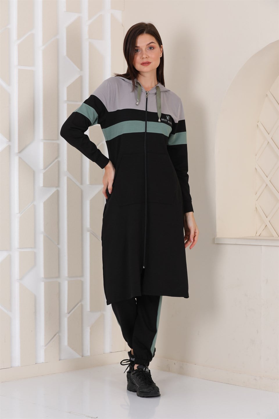 3208412301 - Bayan Nakışlı Fermuarlı Kapüşonlu Tesettür Eşofman Takımı -westbound