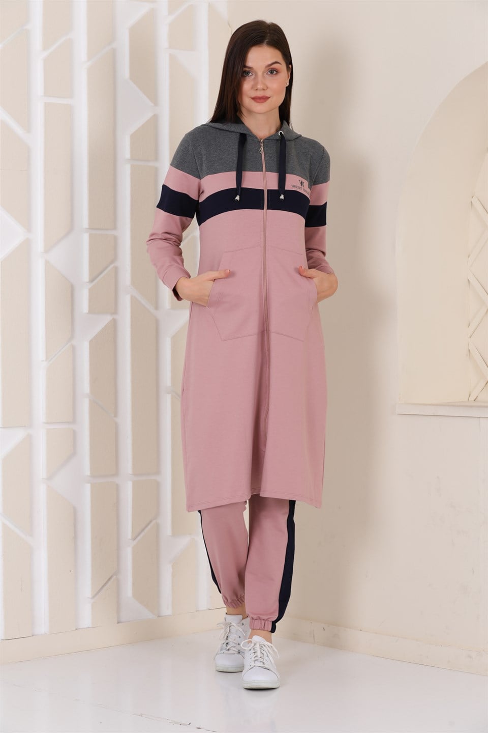 57123069641 - Bayan Nakışlı Fermuarlı Kapüşonlu Tesettür Eşofman Takımı -westbound