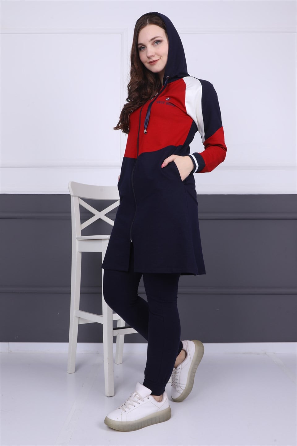 132084967 - Bayan Nakışlı Kapüşonlu Fermuarlı Tesettür Eşofman Takımı -westbound