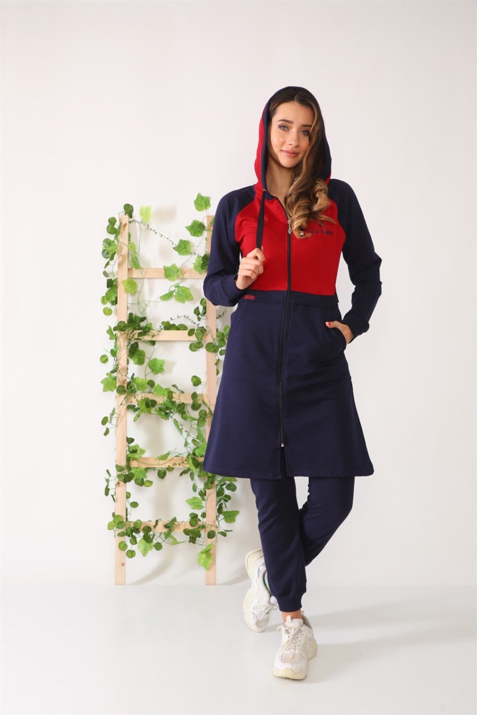 0351260 - Bayan Nakışlı Kapüşonlu Fermuarlı Tesettür Tunik Eşofman Takımı -westbound