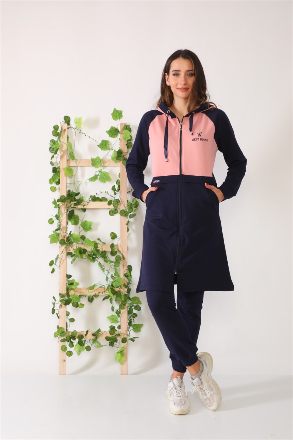 21697548 - Bayan Nakışlı Kapüşonlu Fermuarlı Tesettür Tunik Eşofman Takımı -Westbow