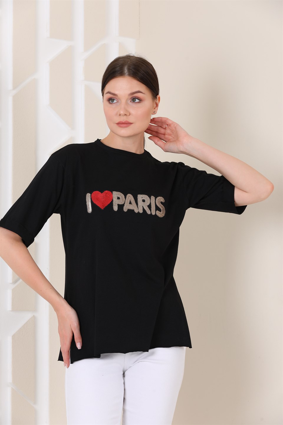 5120653091 - Bayan Oversize Paris Baskılı Yırtmaçlı T-shirt -westbound