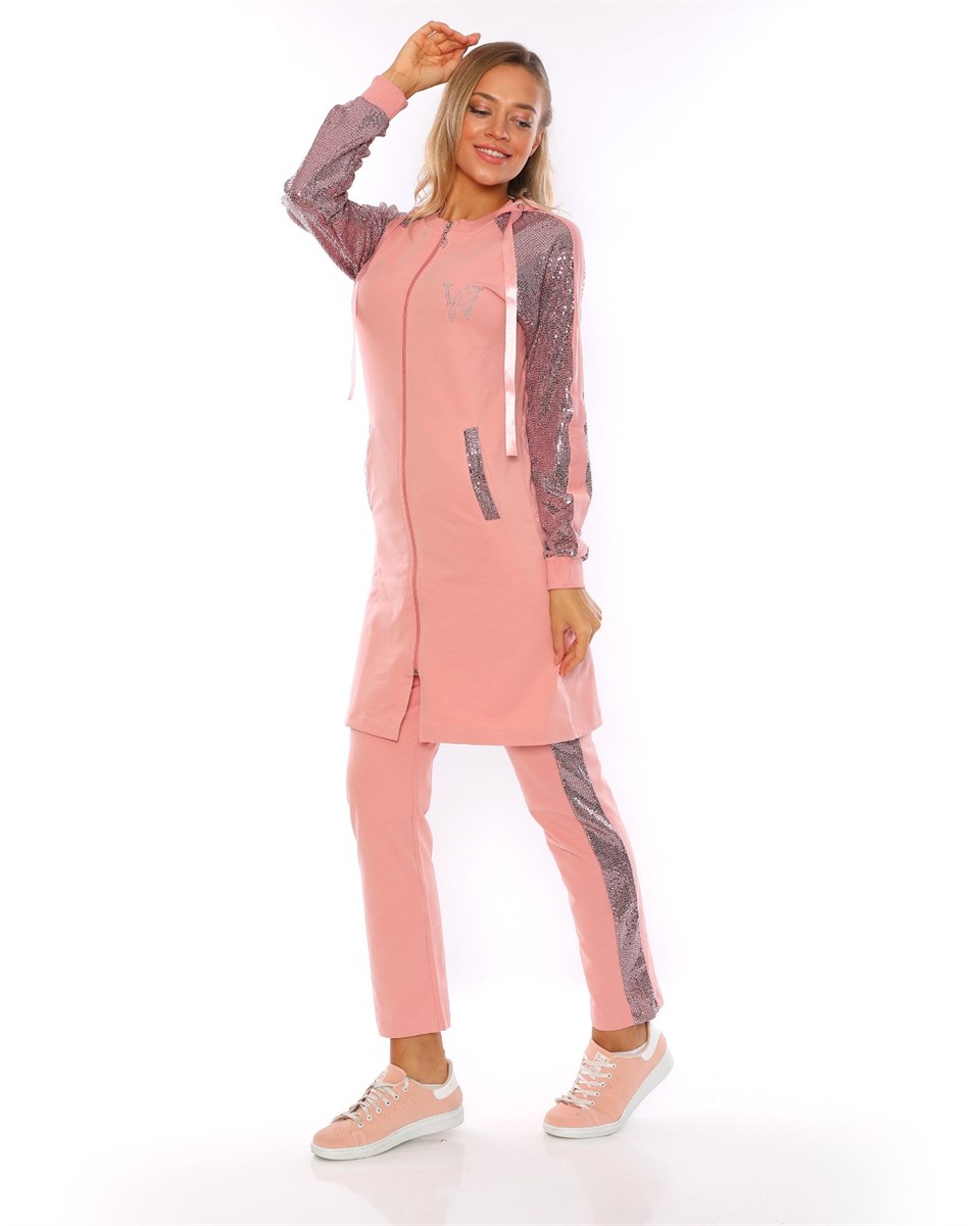 50096501 - Bayan Pul Payet Detaylı Fermuarlı Kapüşonlu Tesettür Eşofman Takımı -westbound