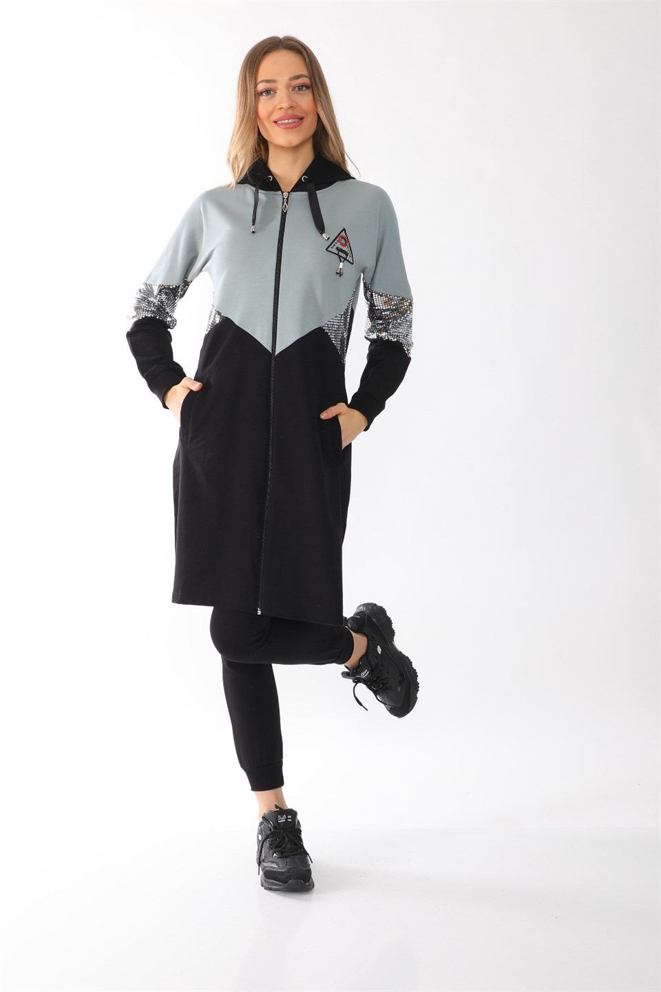 4995091230 - Bayan Pul Payet Detaylı Fermuarlı Kapüşonlu Tesettür Eşofman Takımı -westbound