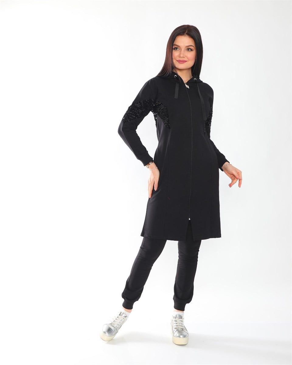 490821970 - Bayan Pul Payet Detaylı Kapüşonlu Fermanlı Tunik Eşofman Takım -westbound