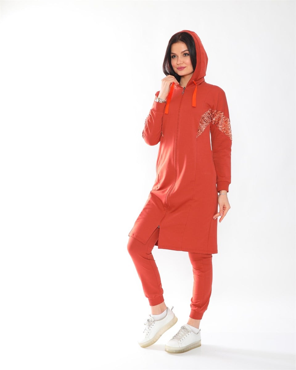 08391208 - Bayan Pul Payet Detaylı Kapüşonlu Fermanlı Tunik Eşofman Takım -westbound