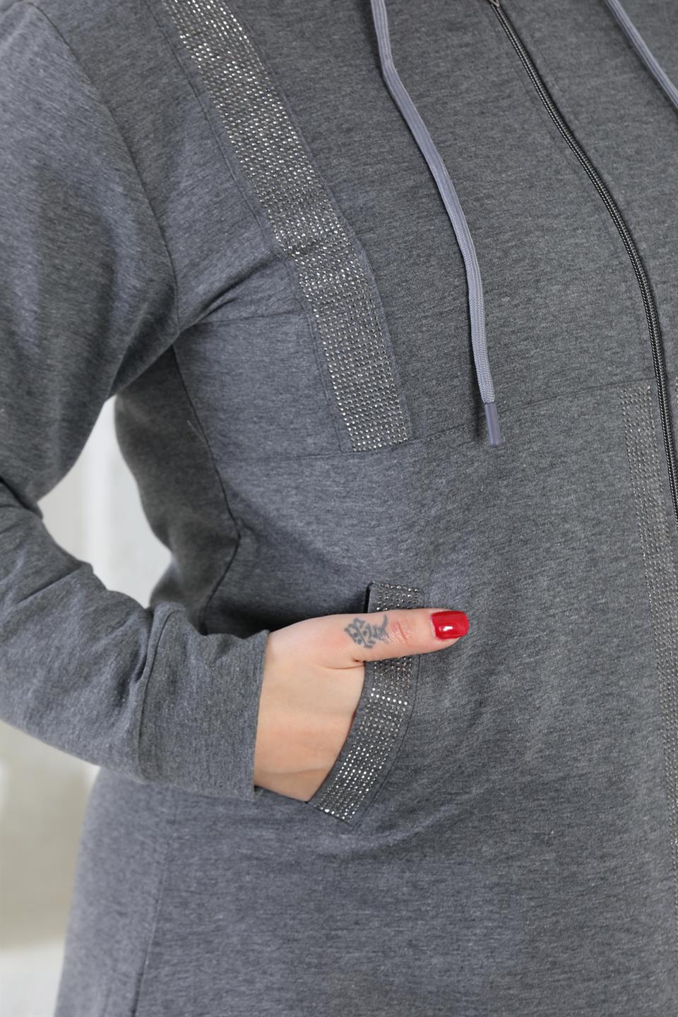 567 - Bayan Taş Detaylı Fermuarlı Kapüşonlu Tesettür Battal Eşofman Takımı -westbound