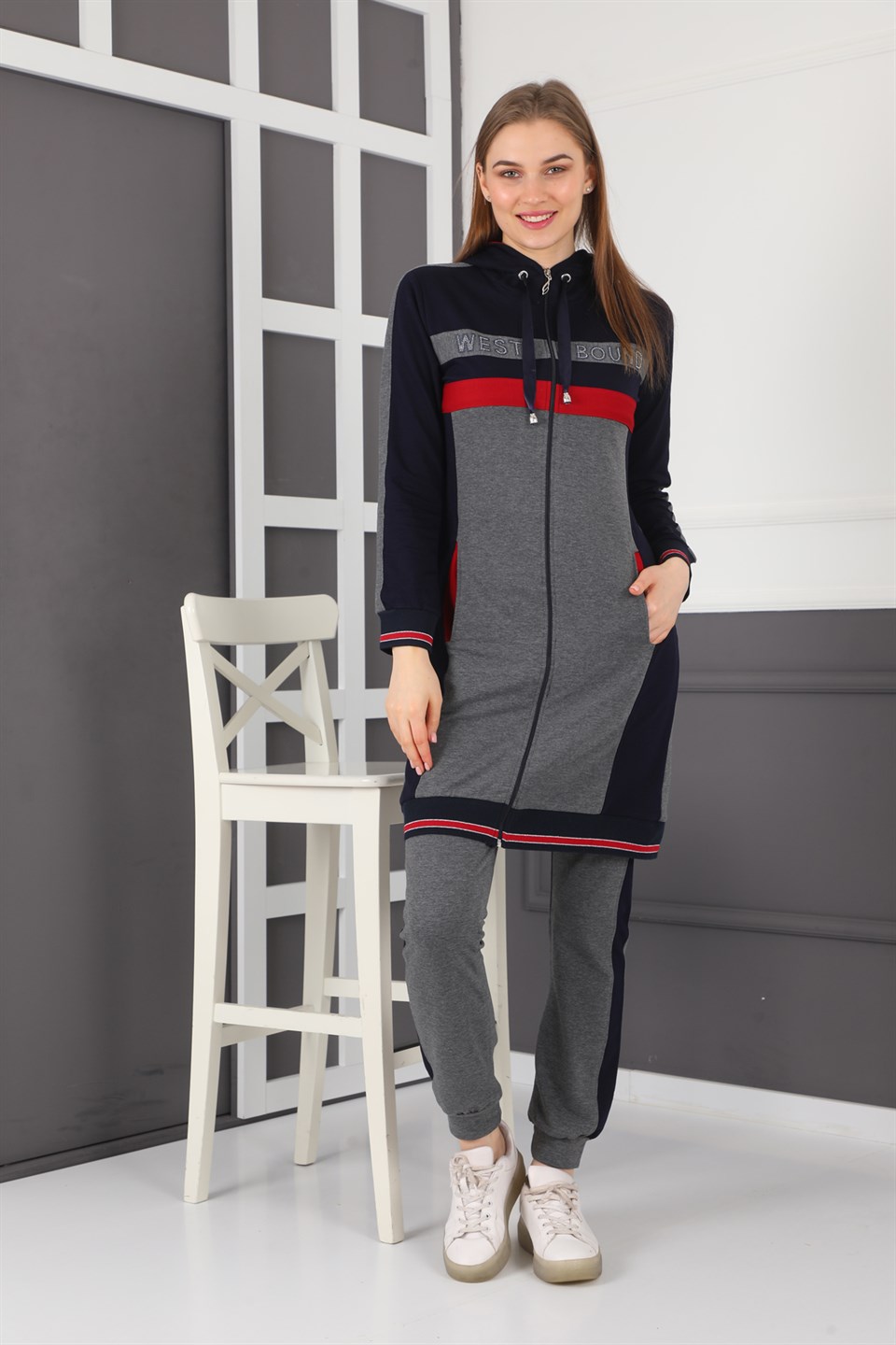 49021608711 - Bayan Taş Detaylı Fermuarlı Kapüşonlu Tunik Eşofman Takımı -westbound