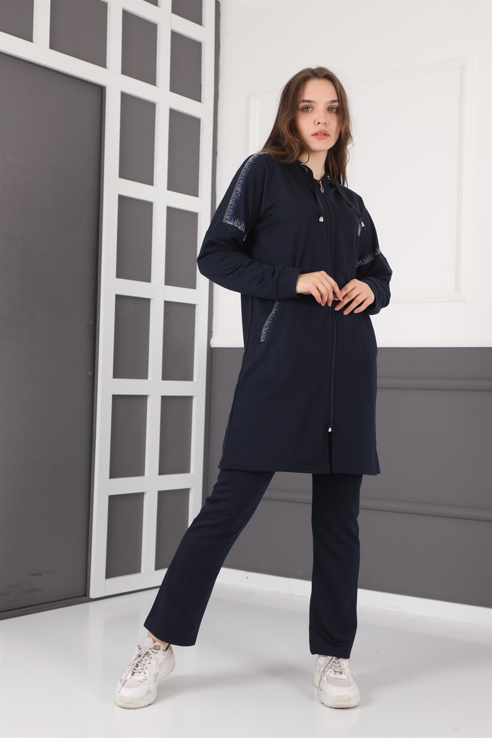 41905320547 - Bayan Taş Detaylı Fermuarlı Kapüşonlu Tesettür Eşofman Takım -westbound