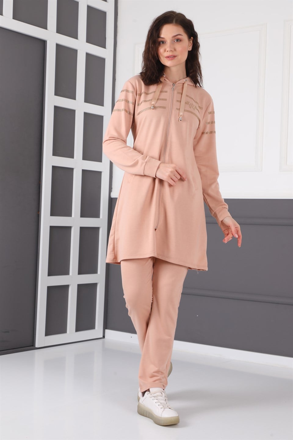 632014107650 - Bayan Taş Detaylı Fermuarlı Kapüşonlu Tesettür Eşofman Takımı -westbound