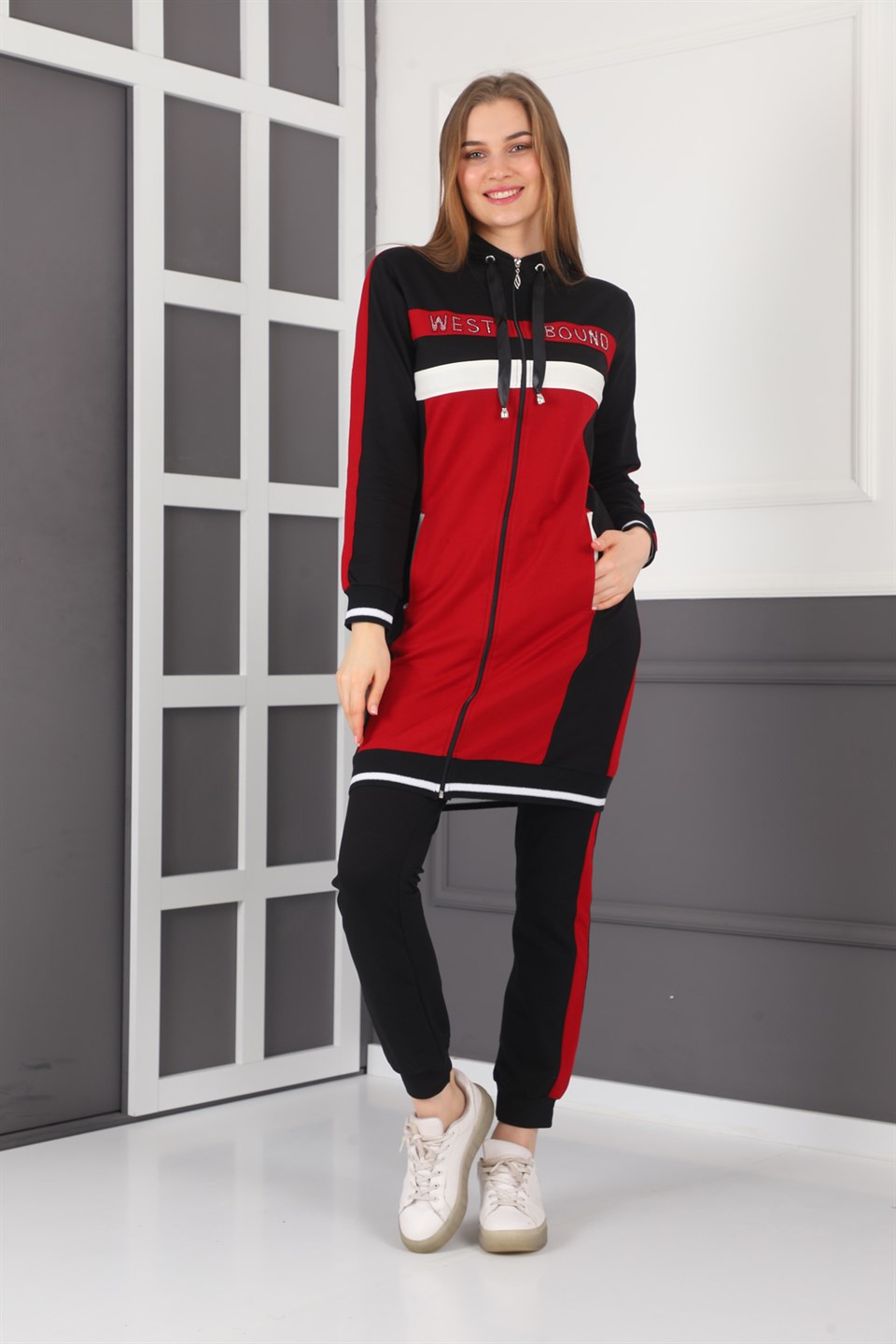 6502317980 - Bayan Taş Detaylı Fermuarlı Kapüşonlu Tunik Eşofman Takımı -westbound