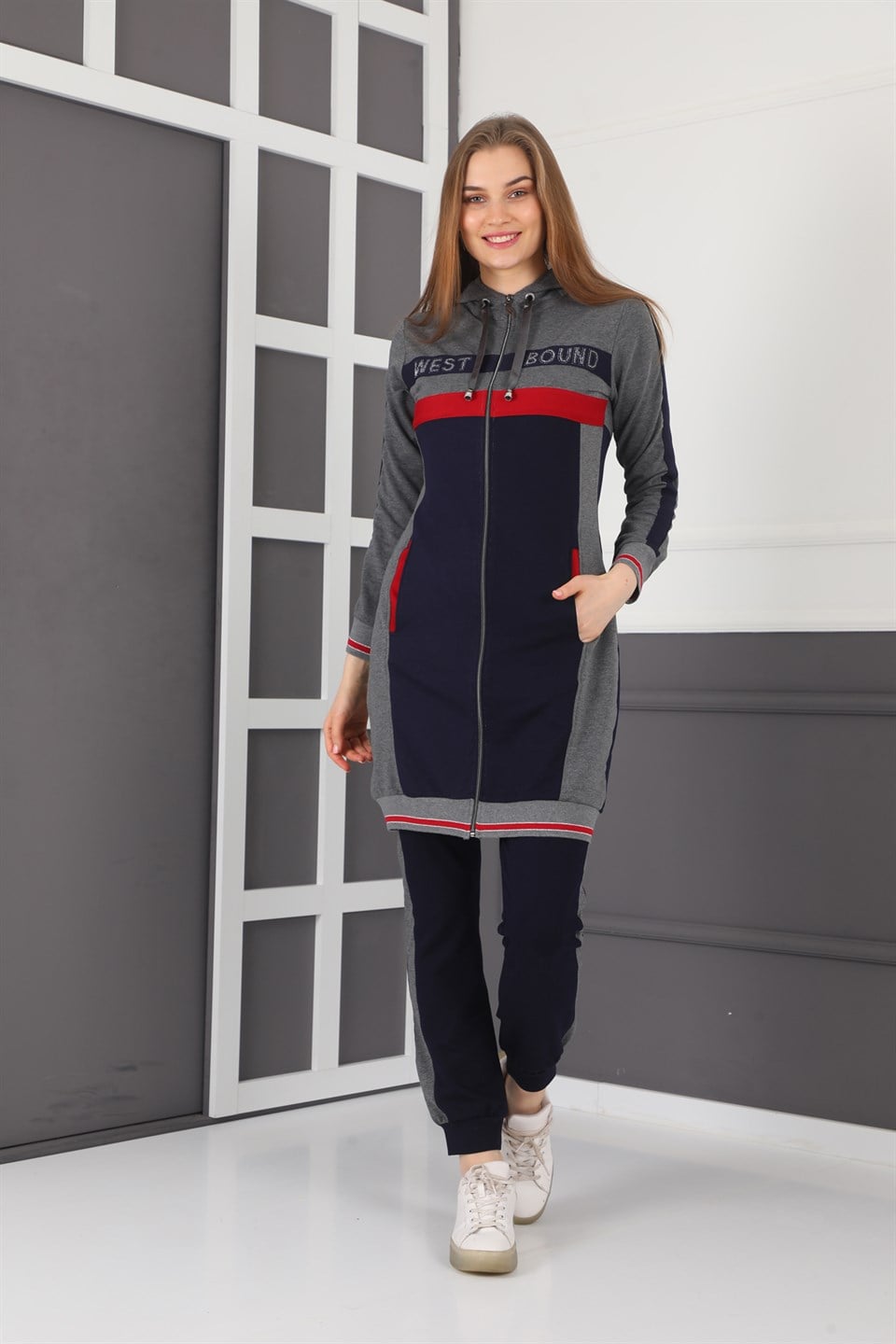 16508030841 - Bayan Taş Detaylı Fermuarlı Kapüşonlu Tunik Eşofman Takımı -westbound