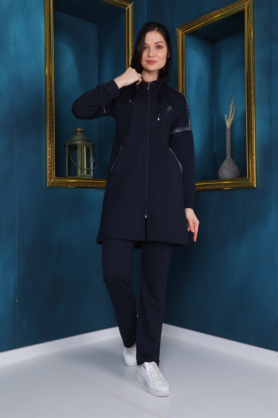 460329803208 - Bayan Taş Detaylı Fermuarlı Kapüşonlu Tesettür Eşofman Takım -westbound