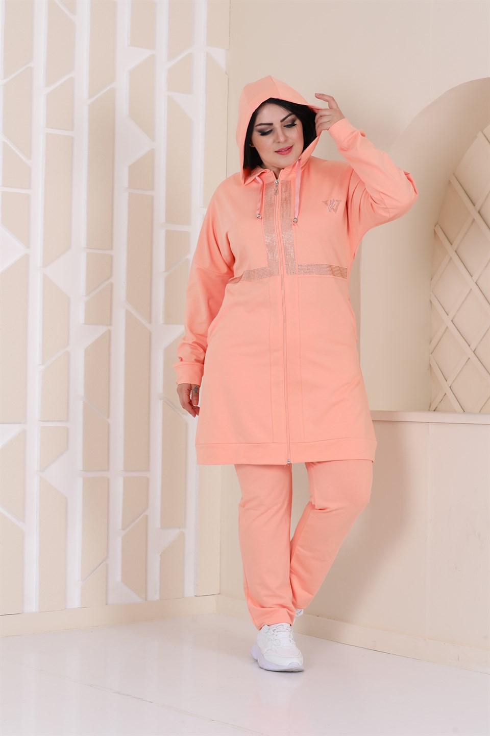 61035108914 - Bayan Taş Detaylı Fermuarlı Kapüşonlu Tesettür Battal Eşofman Takımı -westbound