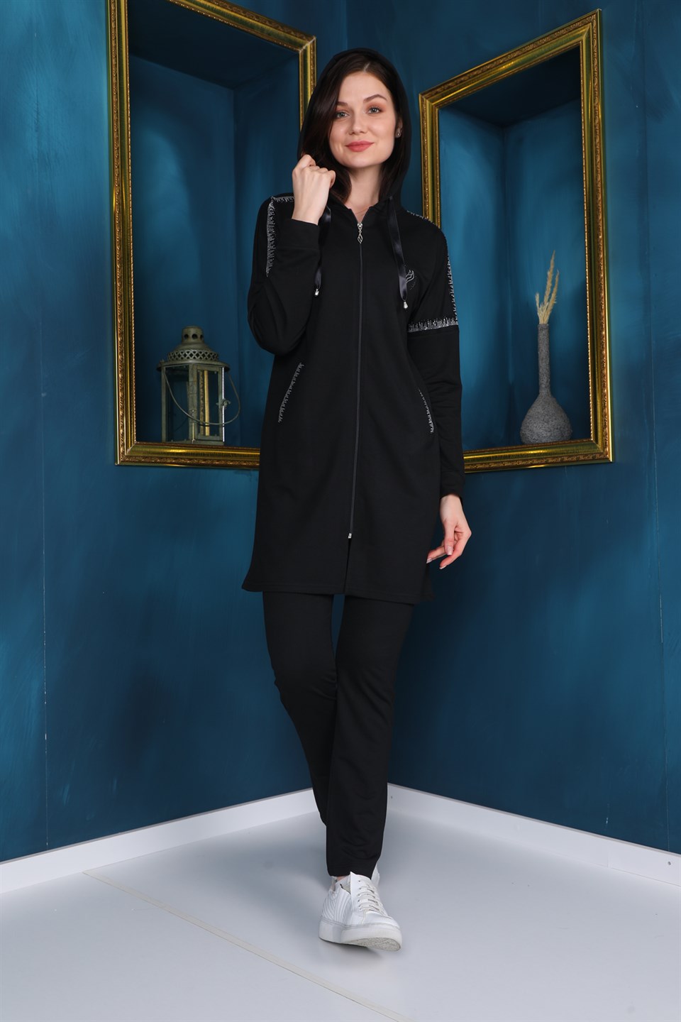 4908403208 - Bayan Taş Detaylı Fermuarlı Kapüşonlu Tesettür Eşofman Takım -westbound