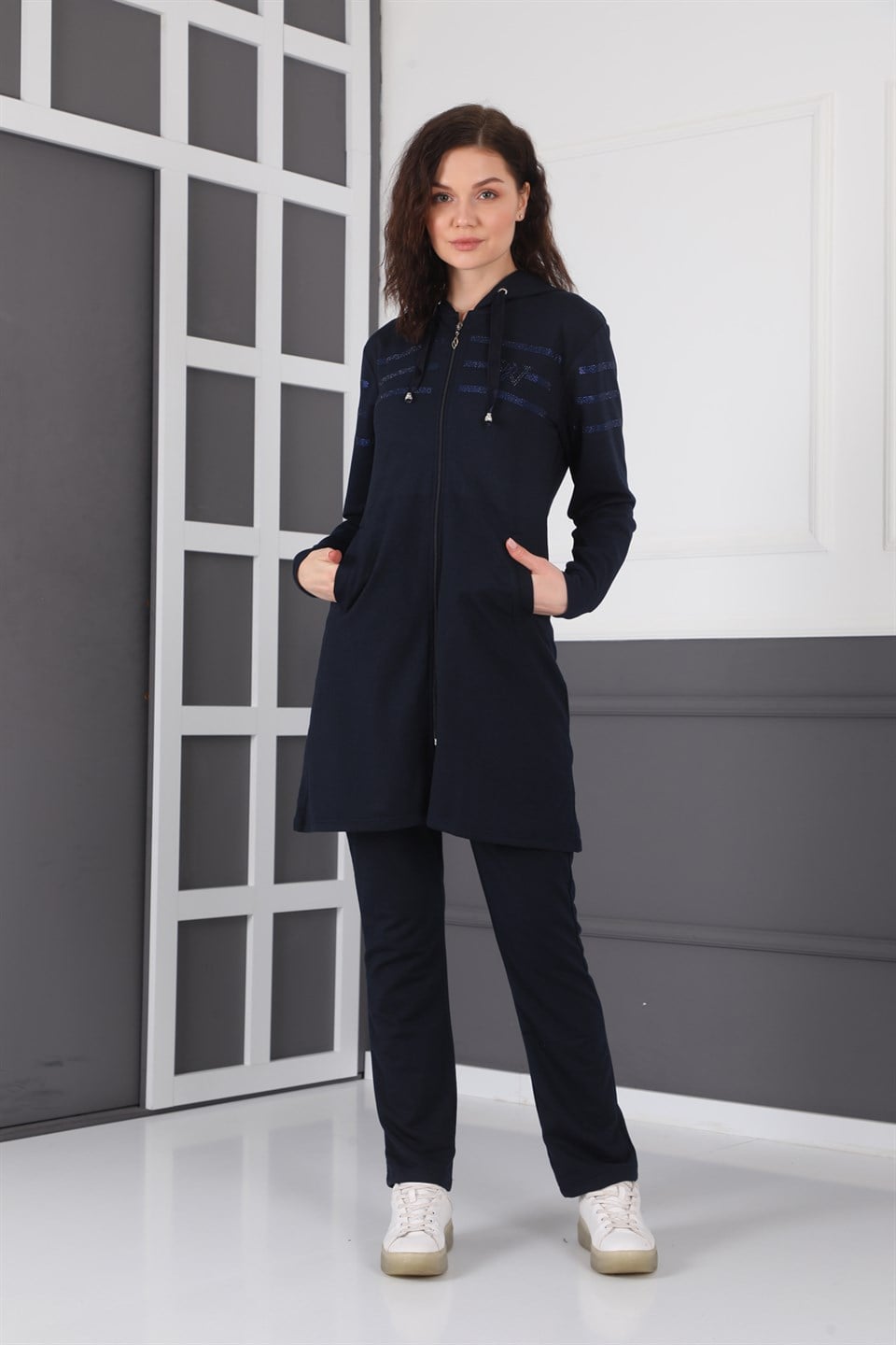 49087023014 - Bayan Taş Detaylı Fermuarlı Kapüşonlu Tesettür Eşofman Takımı -westbound