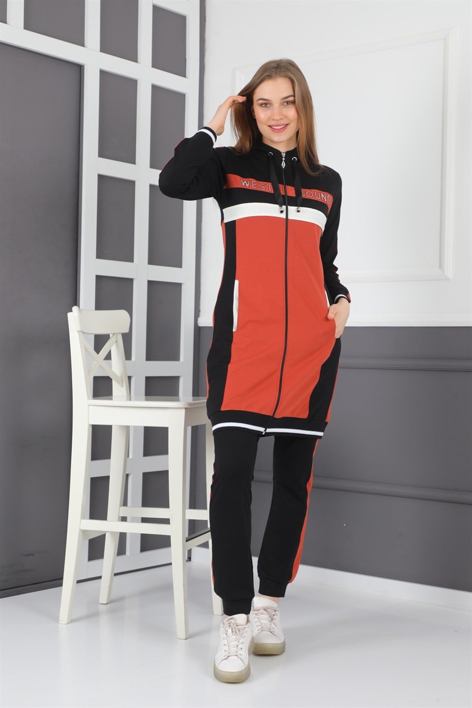 87903220164 - Bayan Taş Detaylı Fermuarlı Kapüşonlu Tunik Eşofman Takımı -westbound