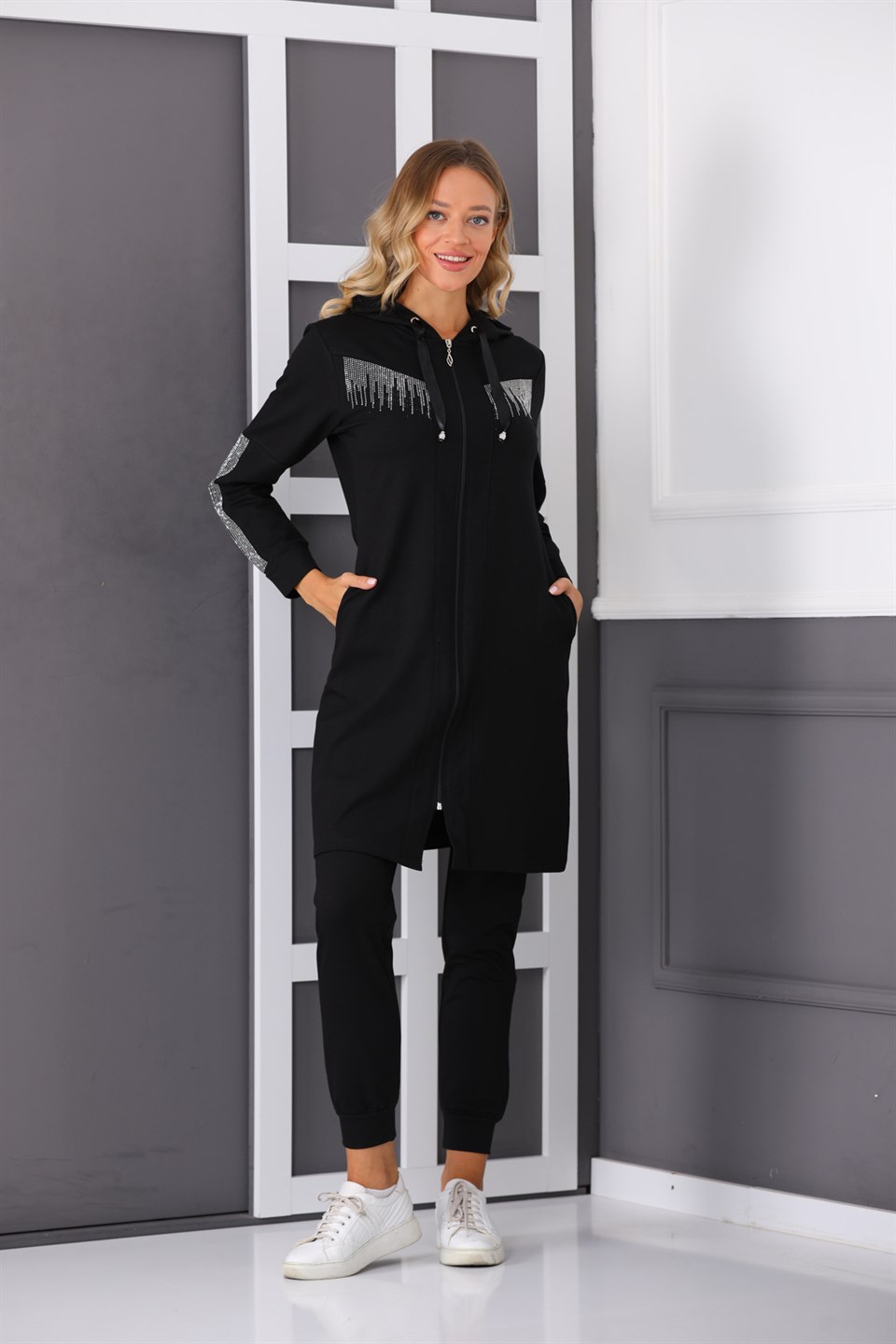 4160563279 - Bayan Taş Detaylı Kapüşonlu Fermuarlı Tesettür Eşofman Takımı -westbound