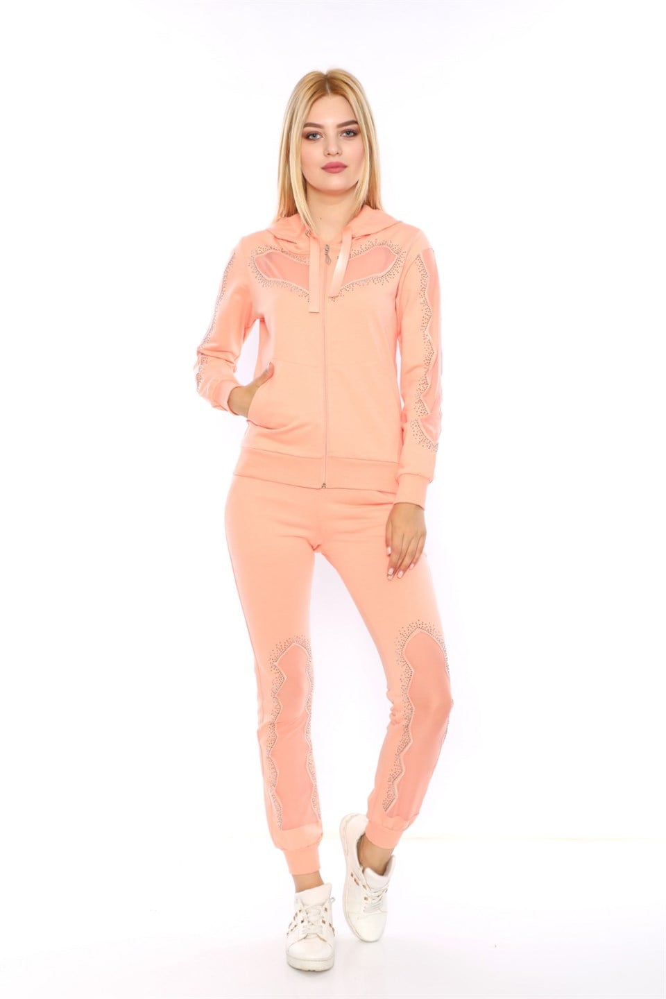 706210458 - Bayan Tül ve Taş Detaylı Kapüşonlu Fermuarlı Eşofman Takım -westbound