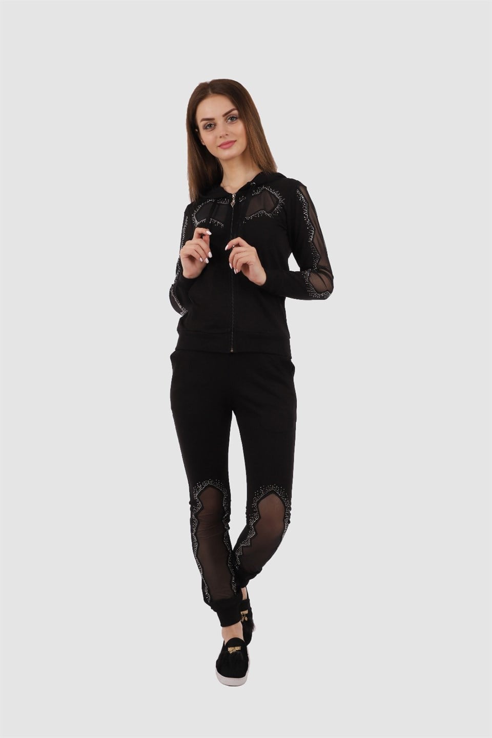 60201704 - Bayan Tül ve Taş Detaylı Kapüşonlu Fermuarlı Siyah Eşofman Takım -westbound