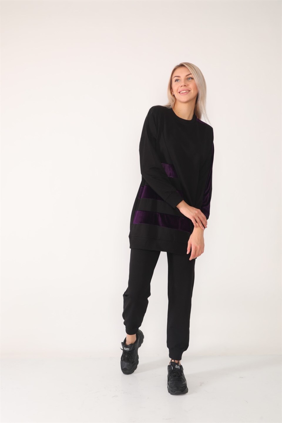 9345152 - Bayan Üç Şerit Kadife Garnili Tunik Eşofman Takım -westbound