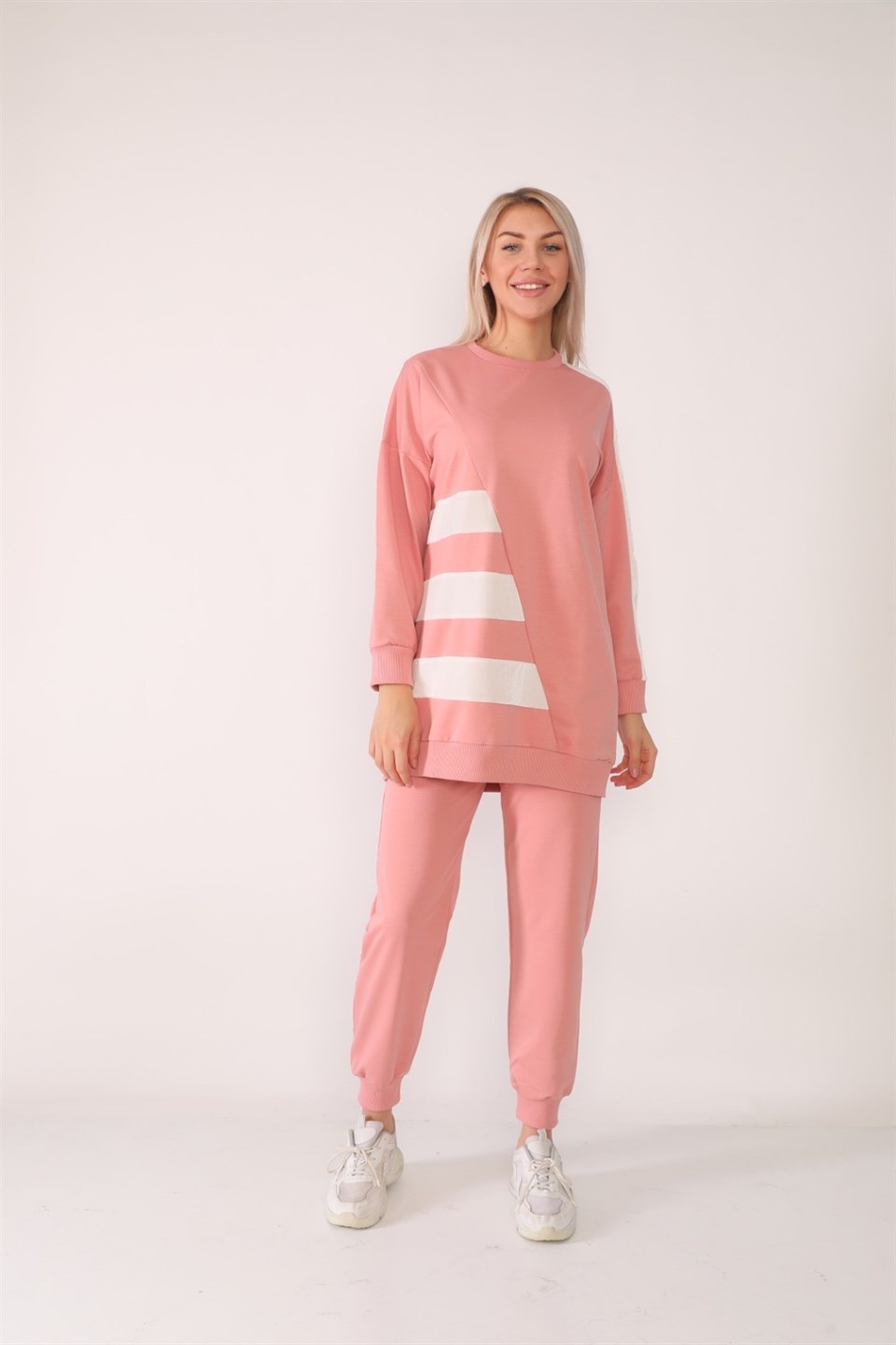 63097157 - Bayan Üç Şerit Kadife Garnili Tunik Eşofman Takım -westbound