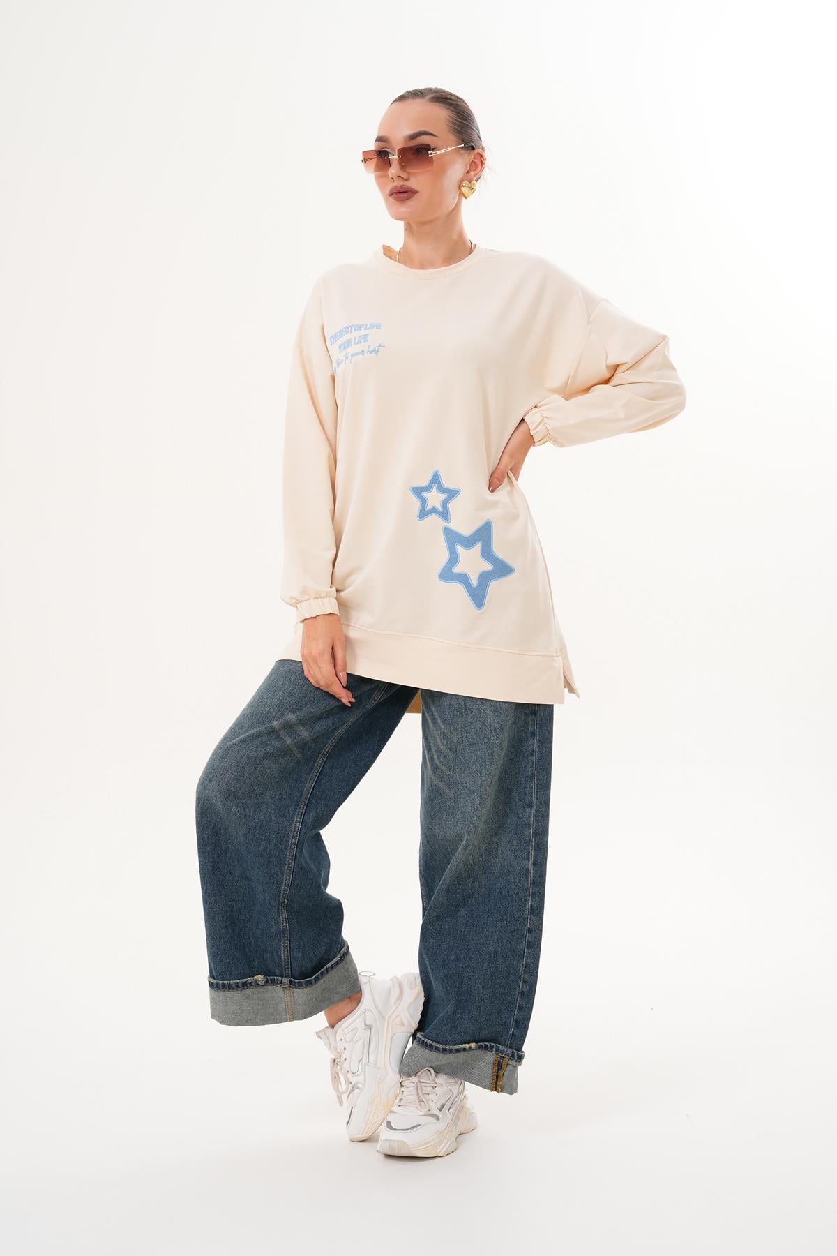 711 - BEJ Yıldız Desenli Bisiklet Yaka Kadın Sweatshirt Tunik 711 -westbound