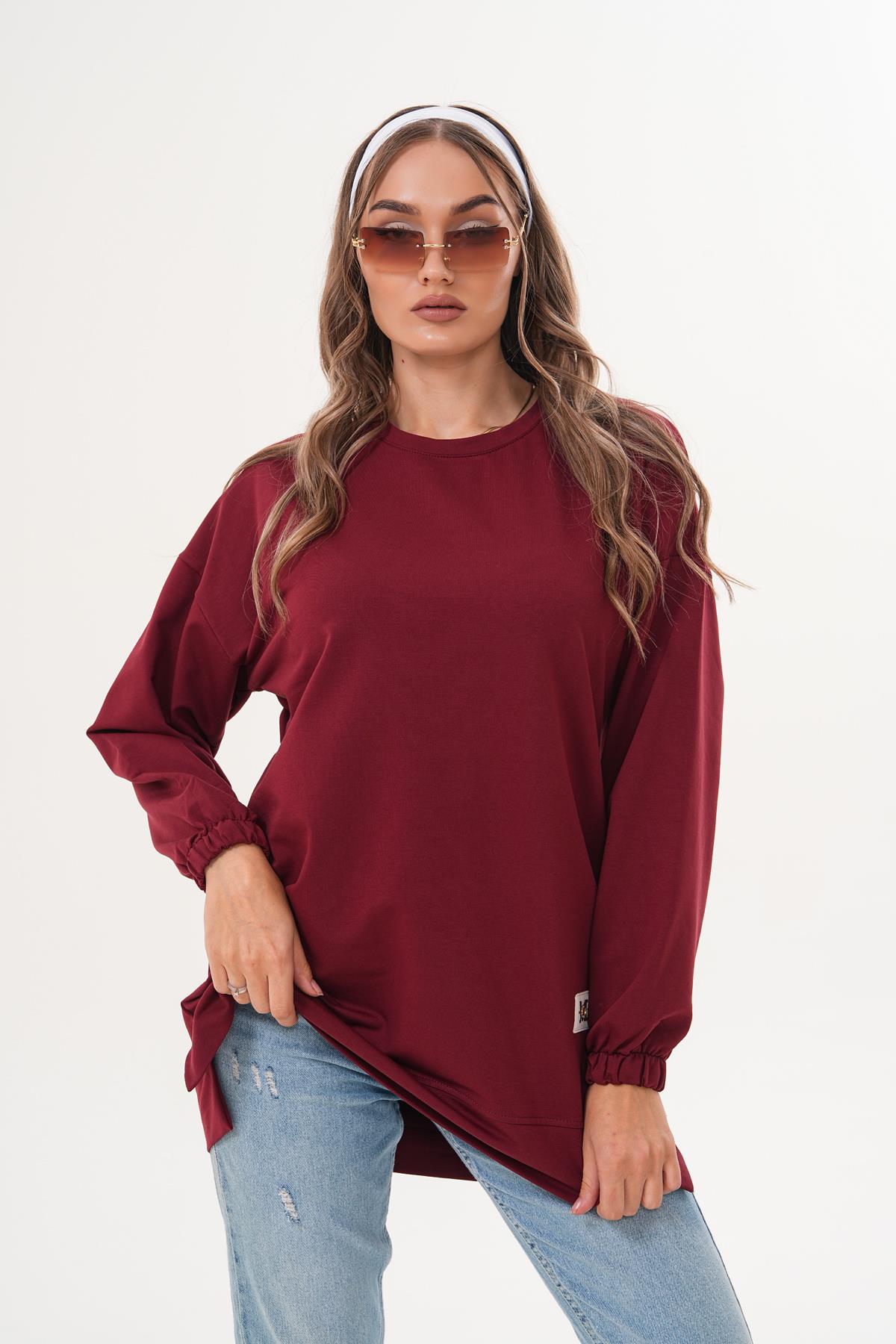 710 - Bordo Düz Basic Bisiklet Yaka Uzun Kol Kadın Sweatshirt Tunik 710 -westbound